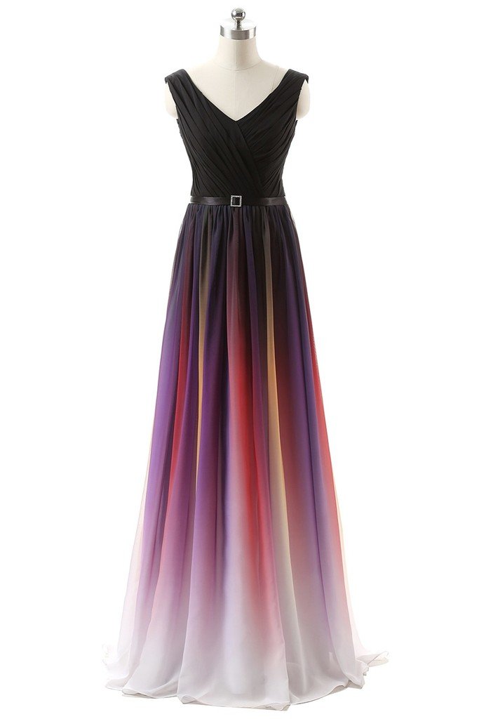 Elegant Black V-Neck Ombre Chiffon Long Formal Evening Dress for Prom, Gala & Special Occasions | Flowy Gradient Sash Design | Perfect for Weddings, Parties & Red Carpet Events