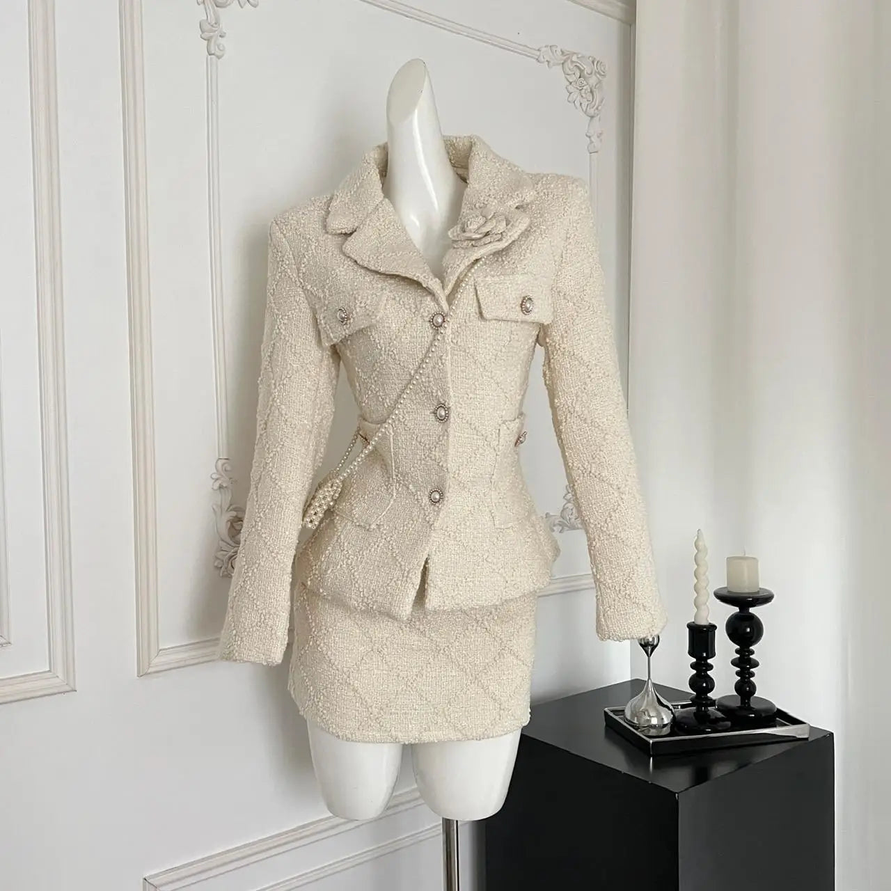 Vintage Women's Two Piece Set - Long Sleeve Single Breasted Beige Coat & High Waist Skirt | Fall Winter Fashion Outfit for Work, Date & Holiday Events
