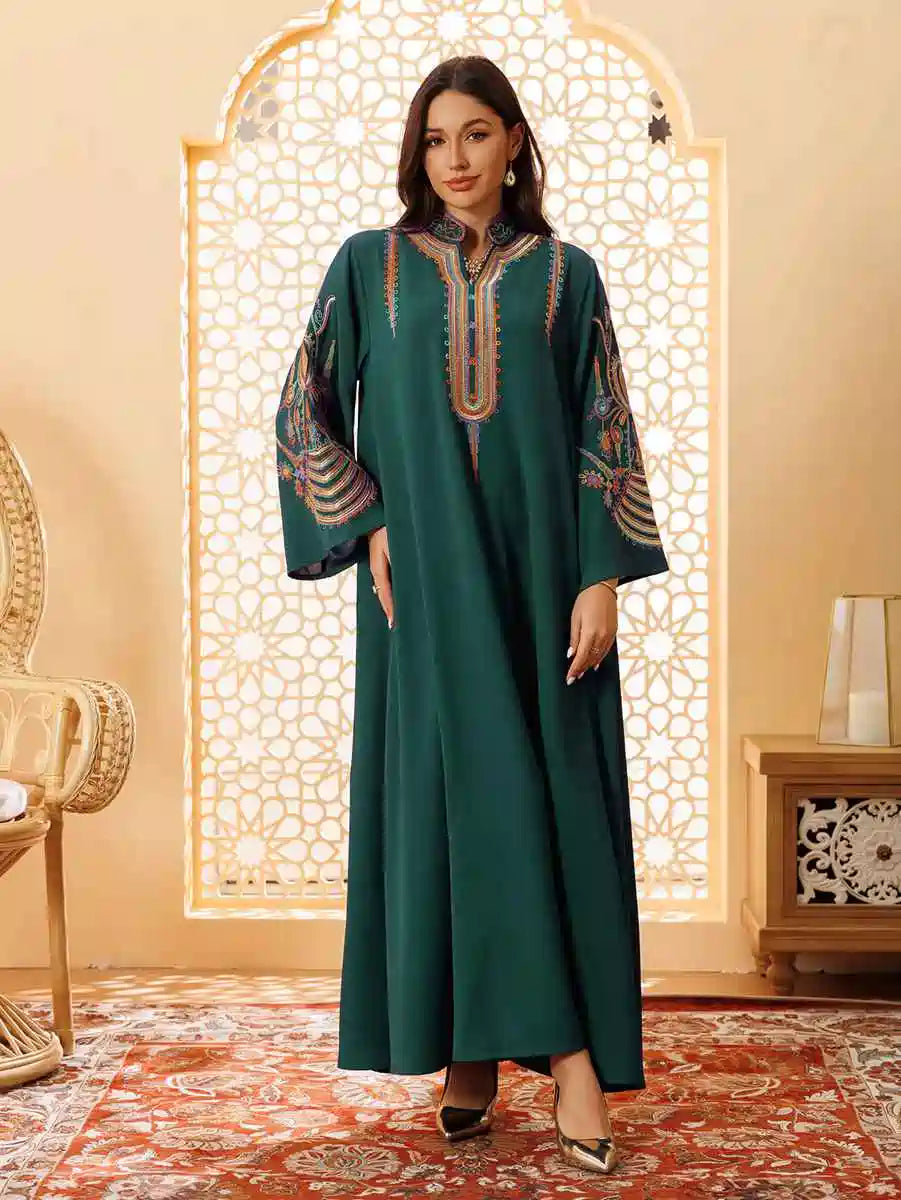 Elegant Eid Rope Embroidery Kaftan Dress for Women - Flowy Muslim Caftan with Intricate Design - Perfect for Eid Celebrations, Weddings & Special Occasions