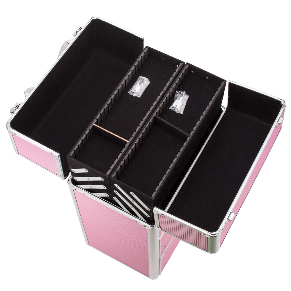 4-Tier Lockable Cosmetic Makeup Train Case with Extendable Trays - Pink Organizer for Professional Makeup Artists & Travel | Portable Beauty Storage for Salon, Home & On-the-Go Use