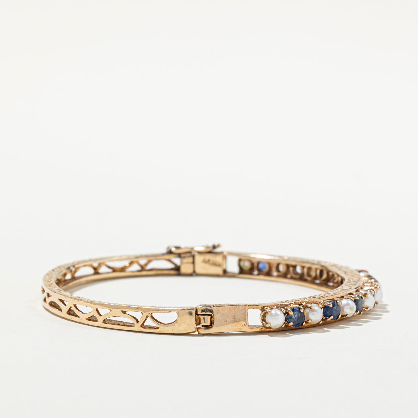 Vintage Blue Sapphire & Pearl Bangle Bracelet | 1.94ctw Genuine Gemstones | 3.00-3.50mm Pearls | Elegant Jewelry for Women | Perfect for Weddings, Parties & Special Occasions
