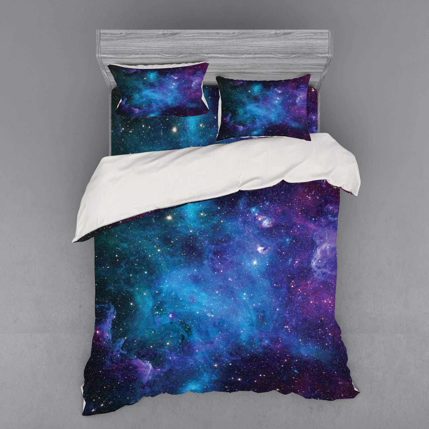 Ambesonne Galaxy Space Bedding Set - 4 Piece Queen Duvet Cover with Shams & Fitted Sheet, Navy Purple Celestial Stars & Planets Design for Cosmic Themed Bedroom Decor | Perfect for Astronomy Lovers & Kids' Space-Themed Rooms