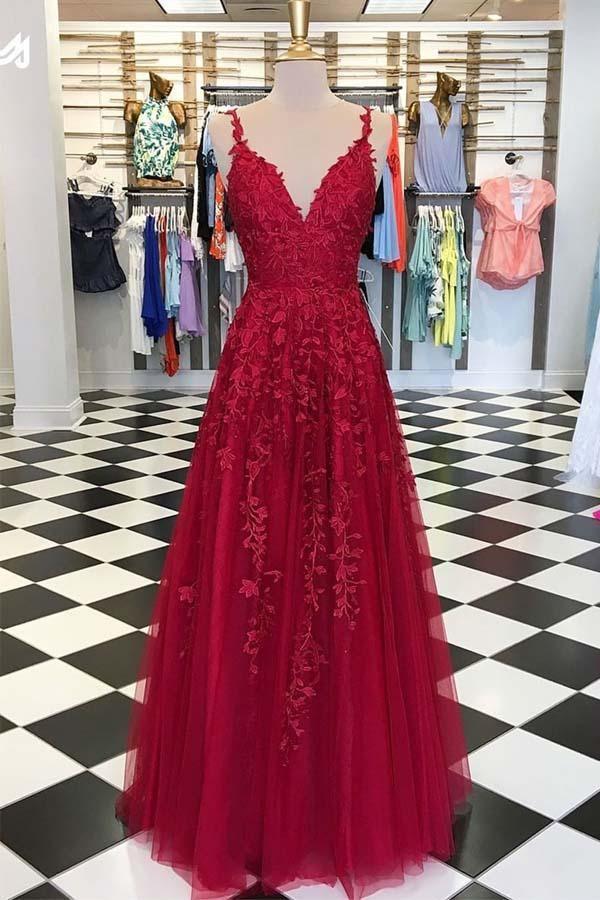 Elegant A-Line V-Neck Sky Blue Lace Prom Dress & Red Formal Evening Gown TP0925 | Perfect for Homecoming, Prom Night, Wedding Guest & Special Occasions