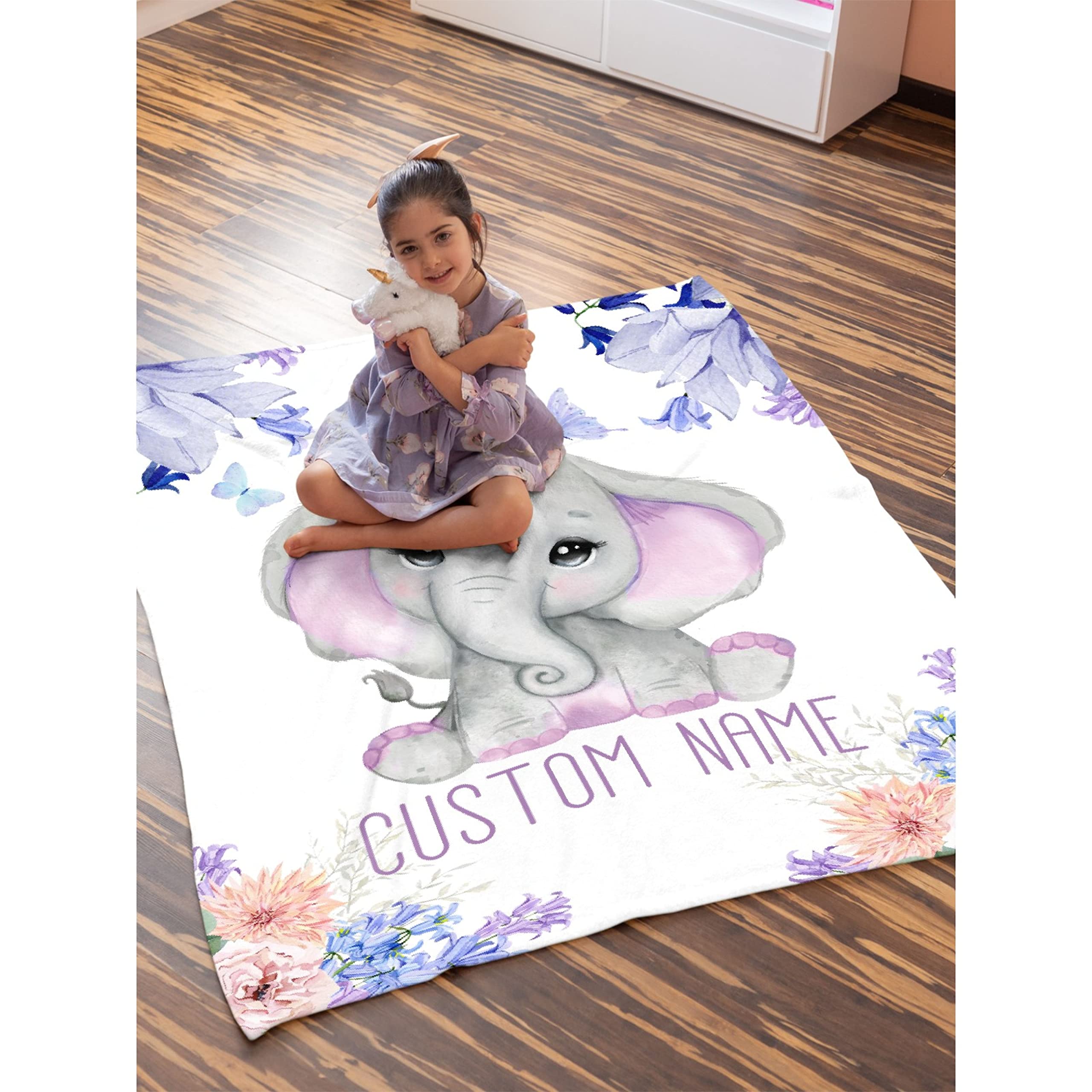 Personalized Baby Blanket with Name - Purple Floral Elephant Design Custom Fleece Blanket for Girls & Boys | Soft 120x90 Inch Baby Shower Gift for Daughter, Granddaughter, Niece | Perfect for Nursery, Cuddling & Family Keepsakes