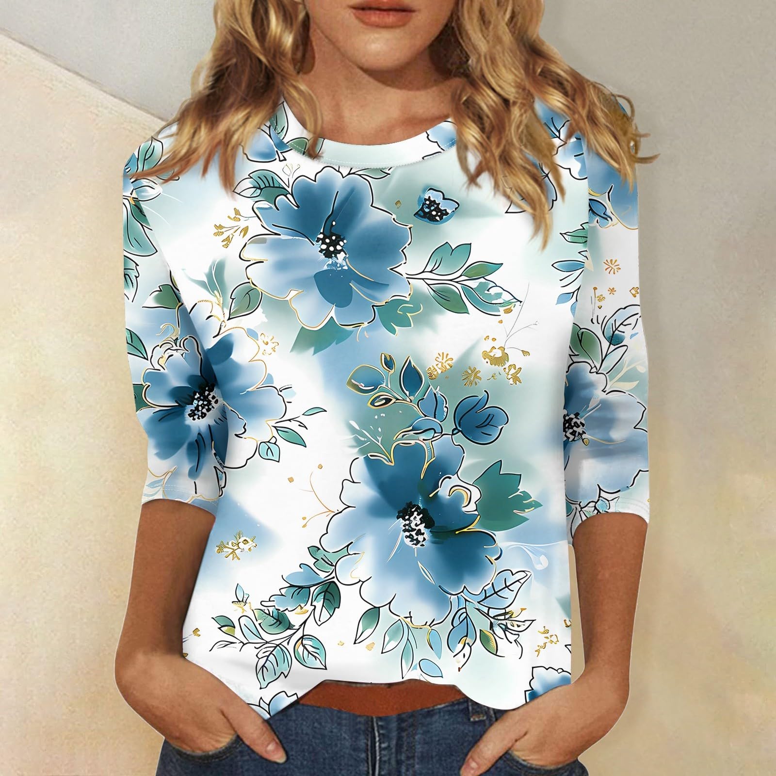 Women's 3/4 Sleeve Floral Print Blouse - Casual Plus Size Pullover Top for Spring & Summer | Perfect for Office, Date Night & Weekend Outings
