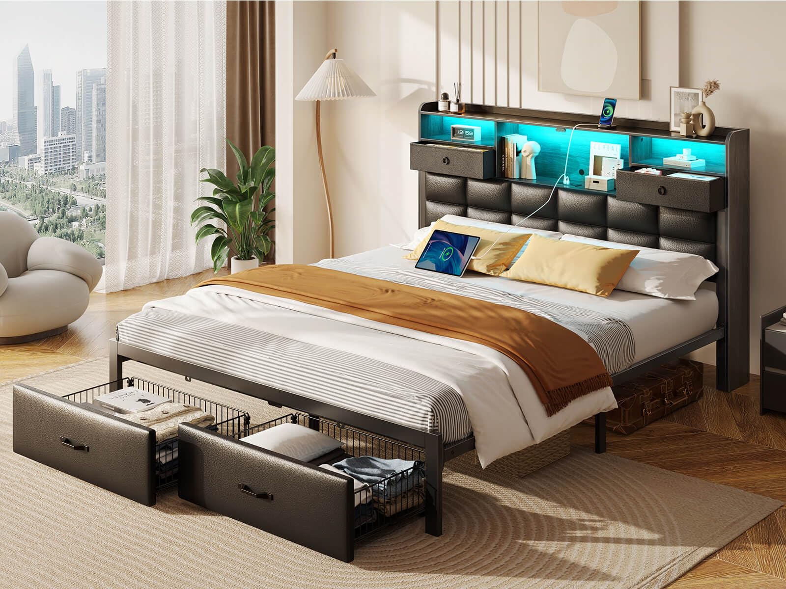 Rolanstar Full Size Upholstered Platform Bed Frame with Storage Drawers, USB Charging Station & LED Headboard - Heavy Duty Metal Frame, No Box Spring Needed, Noise Free, Black - Perfect for Small Bedrooms, Guest Rooms & Modern Apartments