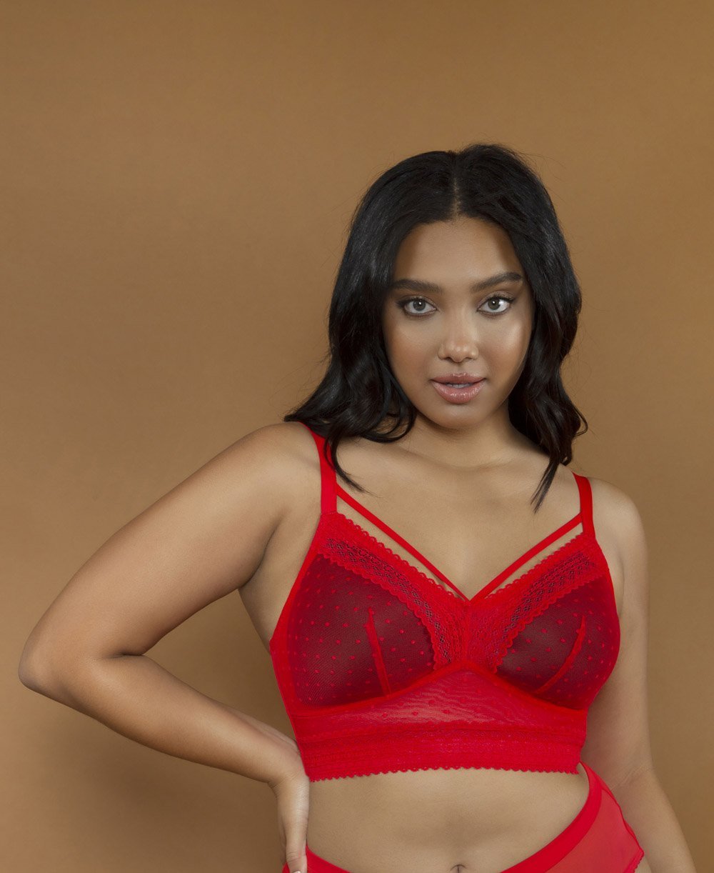 Parfait Mia Dot Wire Free Padded Mesh Bralette - Comfortable Lace Bralette for Women, Racing Red | Perfect for Yoga, Lounge Wear & Everyday Comfort