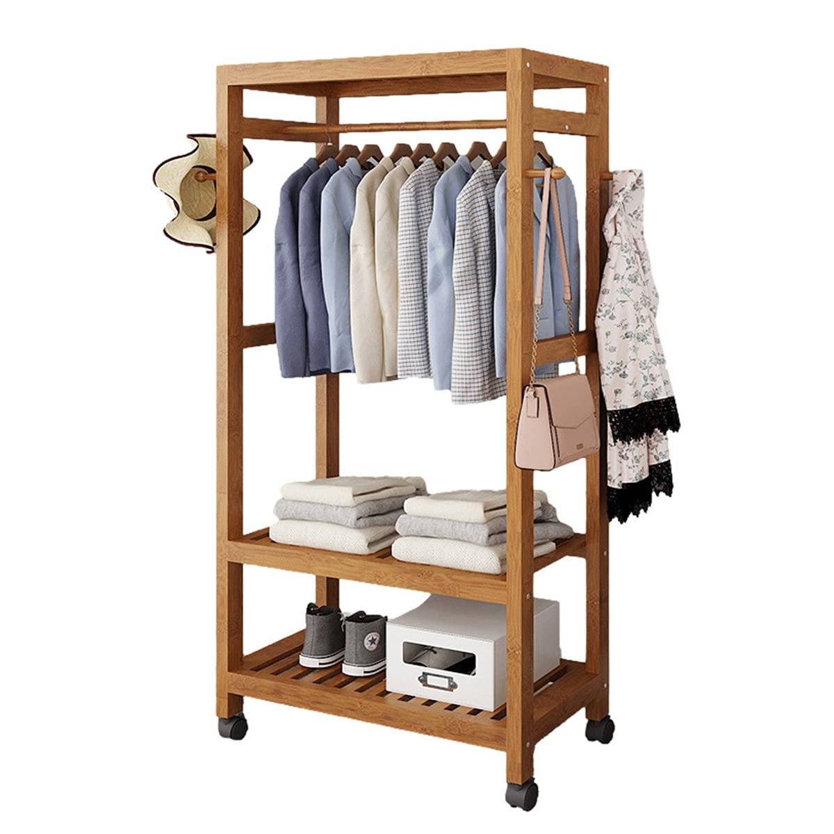 3-Tier Bamboo Clothing Rack with Wheels - 60CM Entryway Garment Organizer for Coats, Shoes & Clothes Storage | Perfect for Bedroom, Closet & Small Space Organization