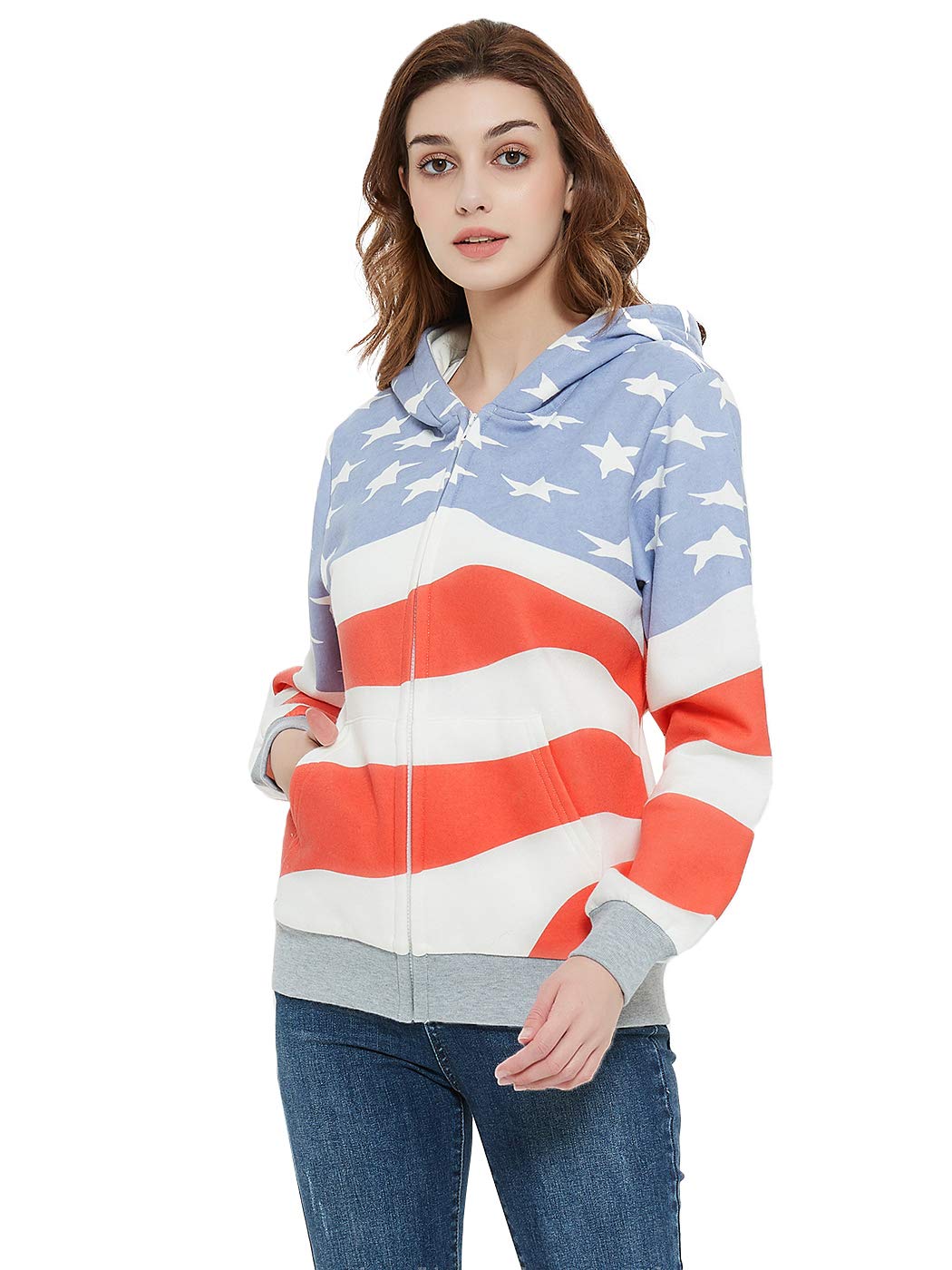 Anna-Kaci Women's Patriotic USA Flag Zip-Up Ribbed Hoodie Jacket - Cozy & Stylish for 4th of July, BBQ Parties & Casual Outings