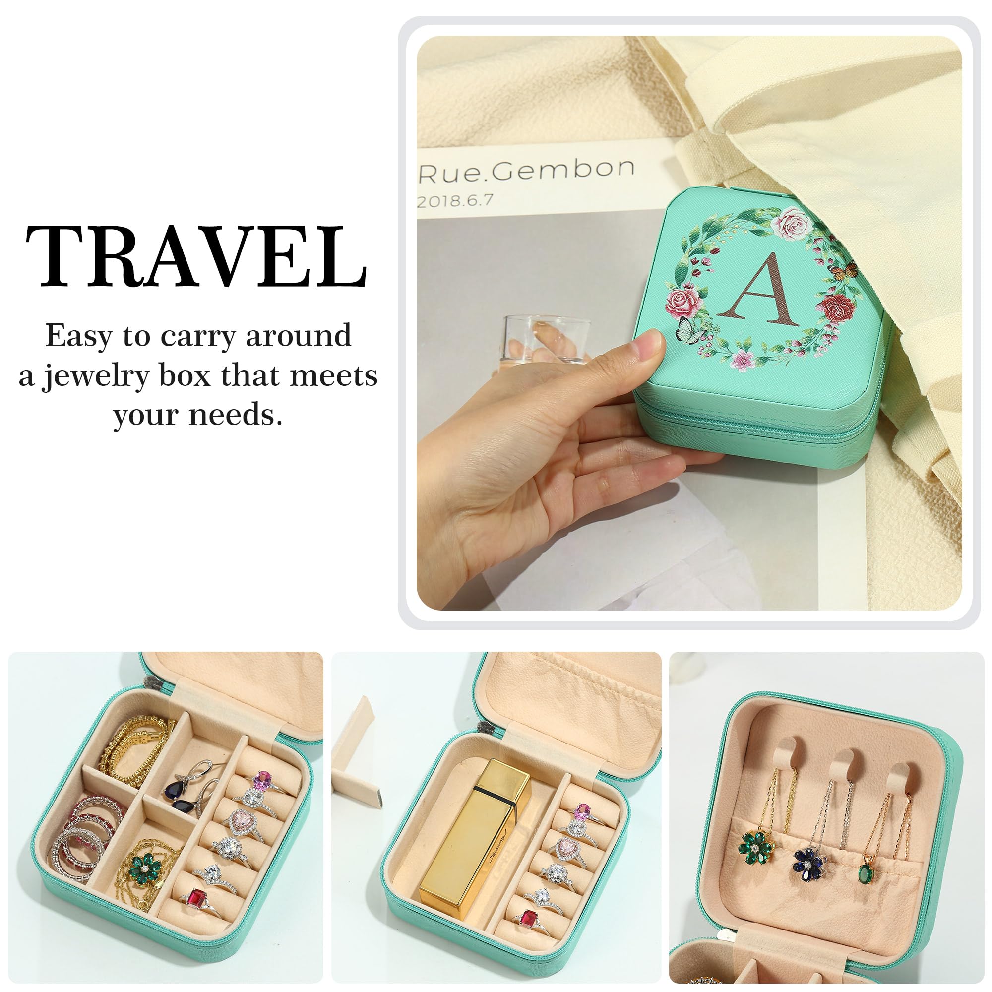 Personalized Initial Jewelry Box for Women - Small Travel Jewelry Case with Monogram Letter A in Blue | Valentines Day, Birthday & Anniversary Gift Ideas for Her | Perfect for Travel, Home Storage & Special Occasions