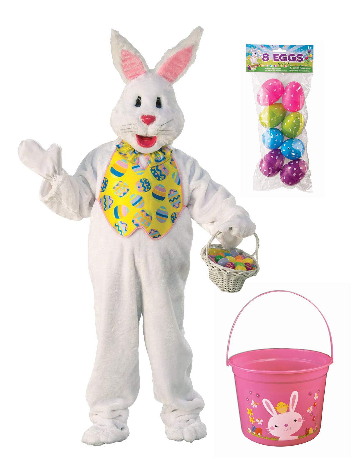 Easter Bunny Mascot Costume Kit with Easter Bucket & Eggs - Fun Easter Bunny Outfit for Kids & Adults - Perfect for Easter Parties, Egg Hunts & Spring Celebrations