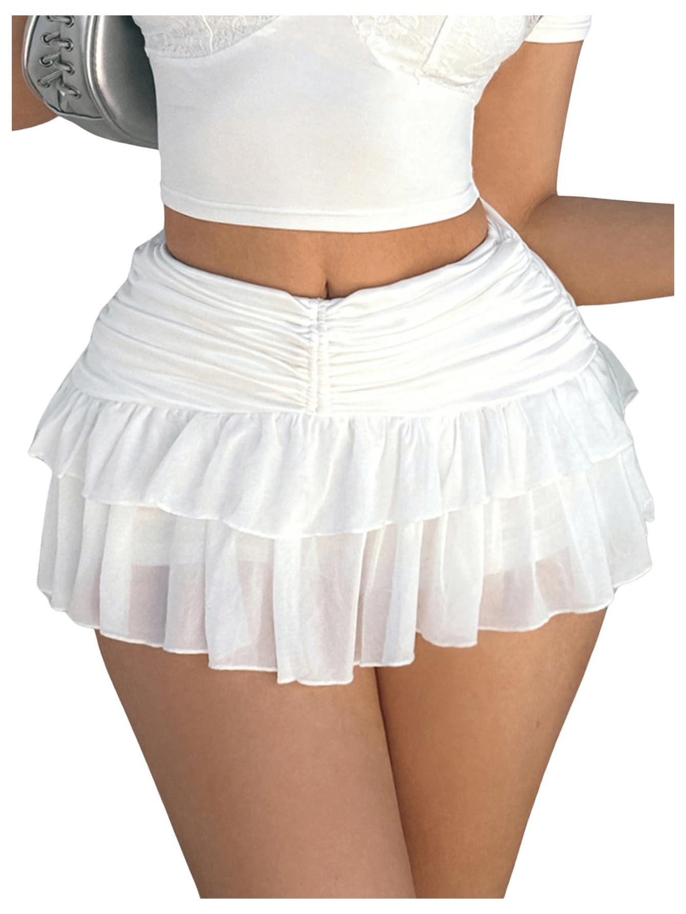 Women's Ruffle Ruched Tiered Mini Skirt - Elastic Waist Y2K Streetwear Flared Short Skirt for Casual Outfits, Parties & Coquette Fashion