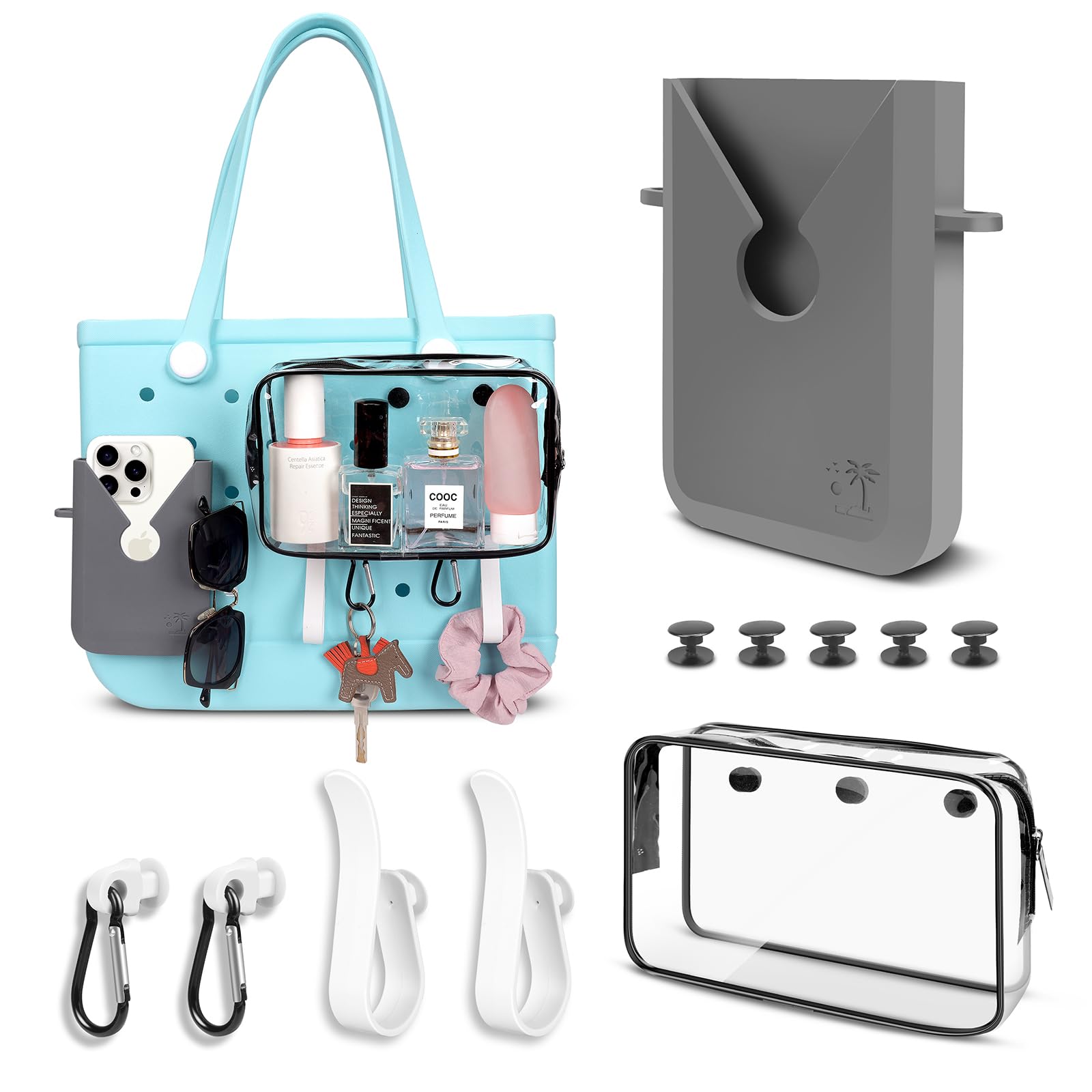 6-Pack Bogg Bag Accessories Set - Includes Silicone Phone Holder, PVC Insert Bag, Hooks & Keychain - Perfect for Beach, Pool & Travel Organization