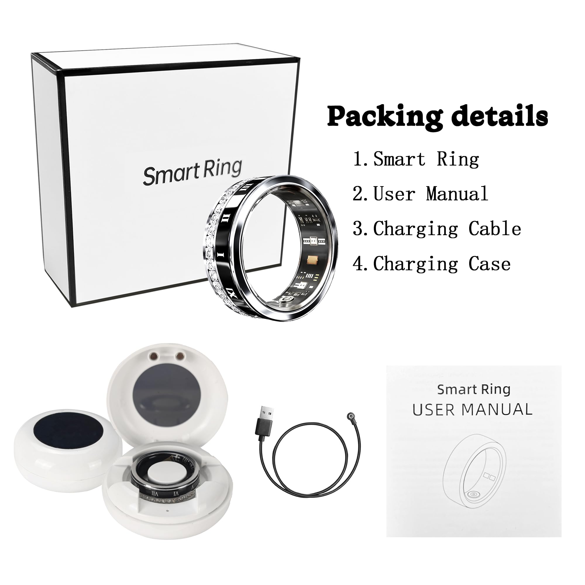 Smart Ring Fitness Tracker - Heart Rate, Blood Oxygen & Sleep Monitor with Blood Pressure Tracking, IP68 Waterproof, iOS/Android Compatible, Remote Camera Control & Family Care Features - Diamond Style Fashion Accessory for Workouts, Sleep Analysis & Daily Health Monitoring (Size 10)
