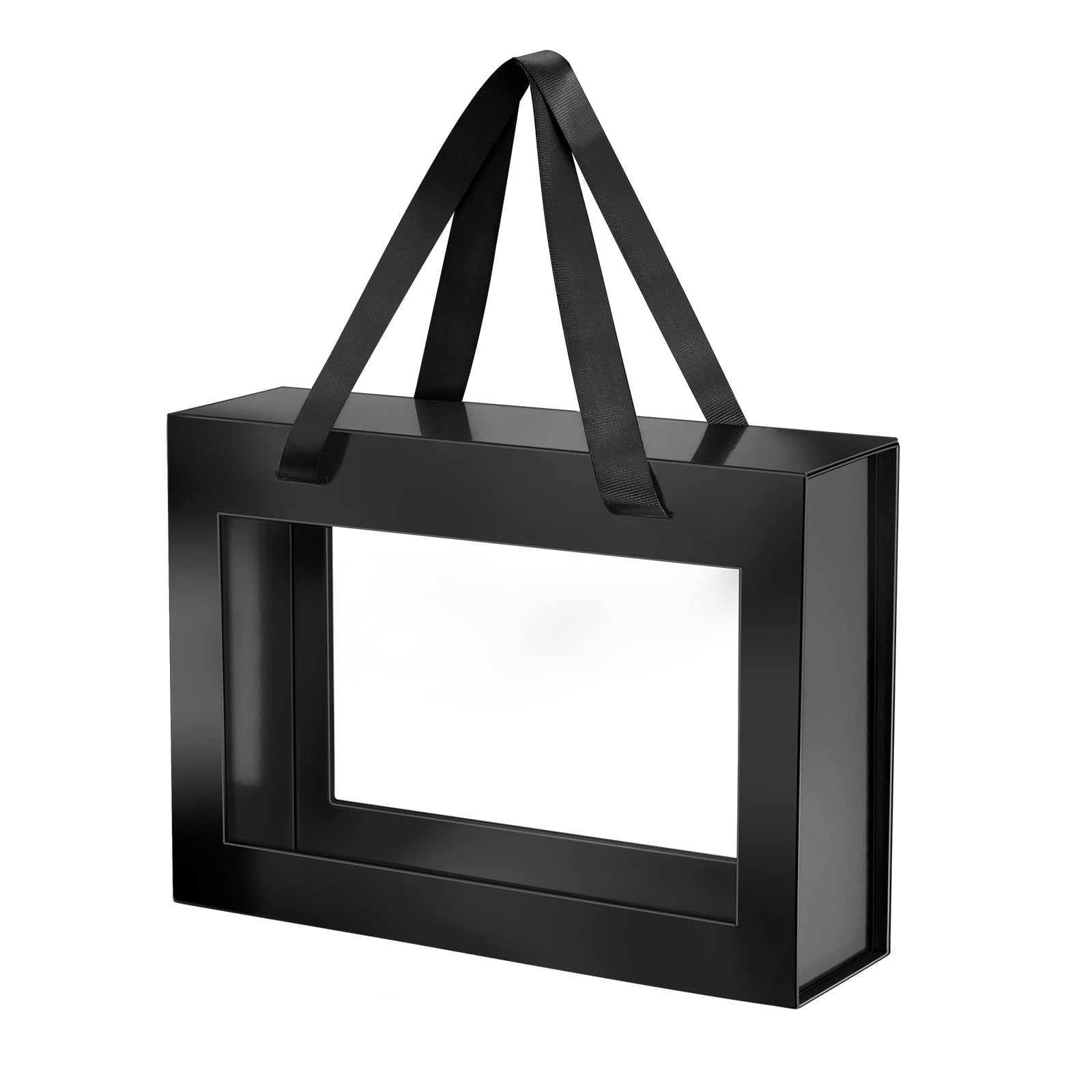 Premium Black Gift Box with Clear Window - Magnetic Closure, Lid & Handle - 10.5x7.5x3 Inches - Elegant Present Box for Groomsman Proposal, Wedding Favors, Birthday Gifts & Special Occasions