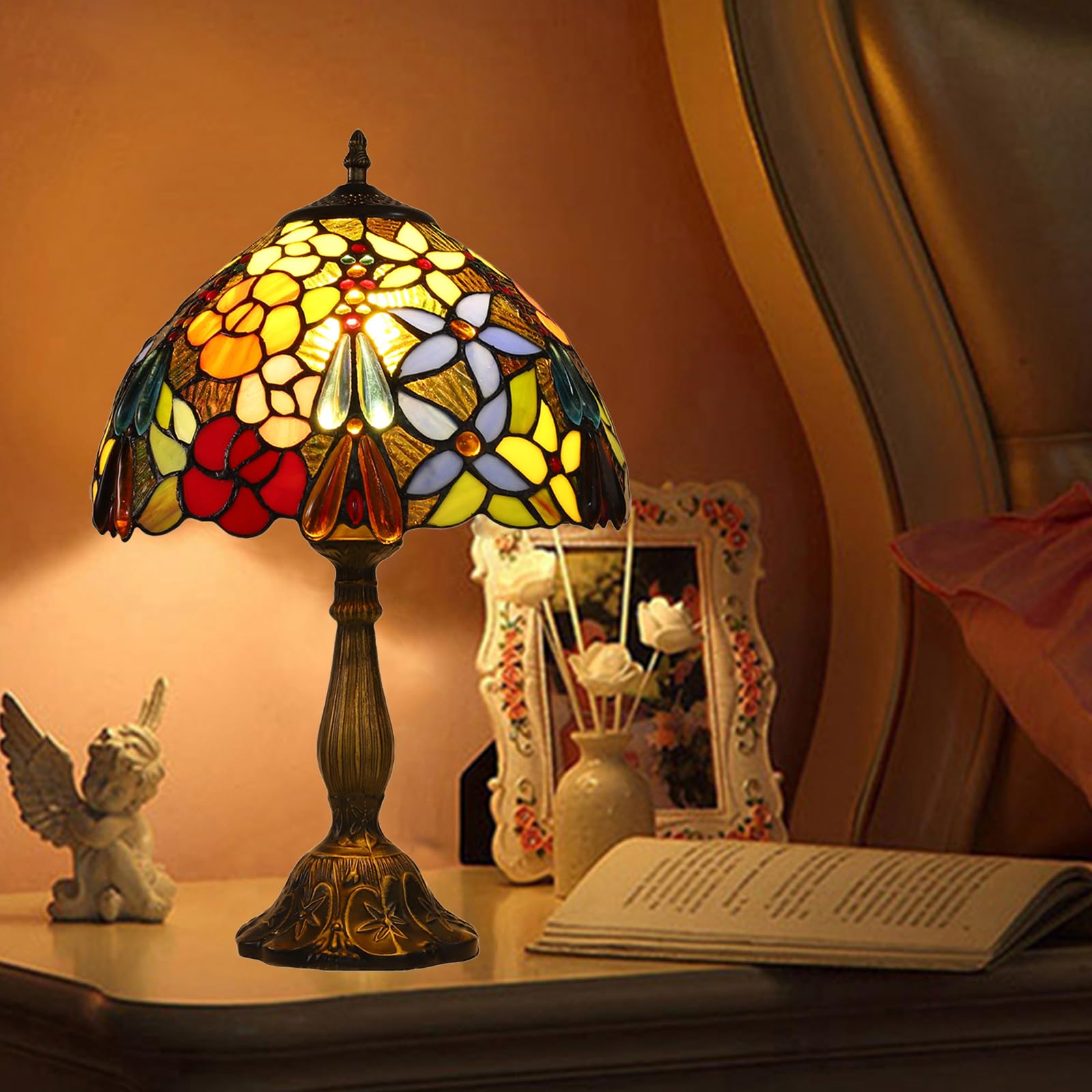 Tiffany Style Stained Glass Table Lamp - 12x18 Inch Rose Flower Grape Design, Bedside Nightstand Lamp for Bedroom, Living Room, Dining Room, Office & Hotel Decor | Perfect for Reading, Ambient Lighting and Home Decoration