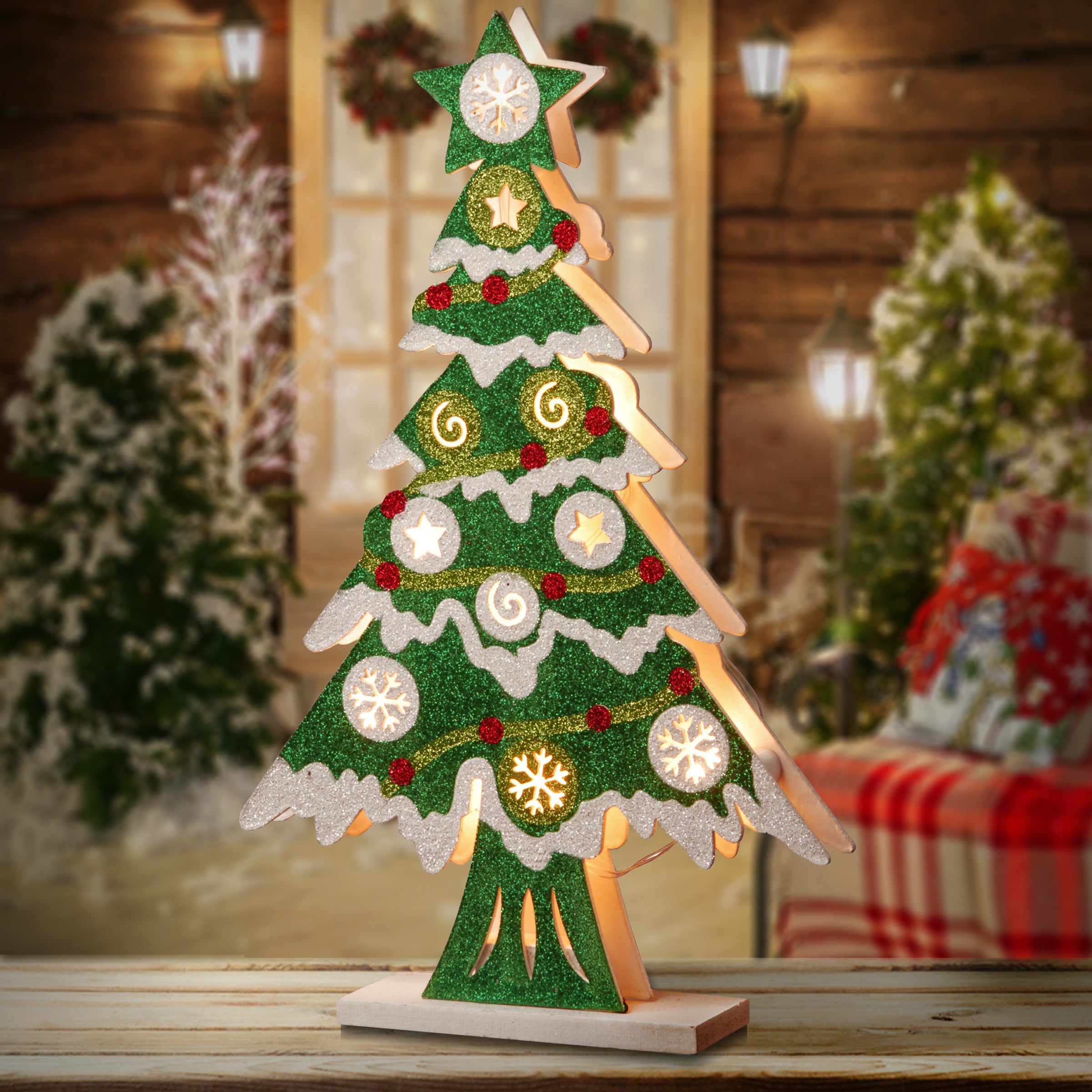 17 Inch Pre-Lit Wooden Christmas Tree with Warm White LED Lights - Perfect for Home, Office, and Holiday Decorations