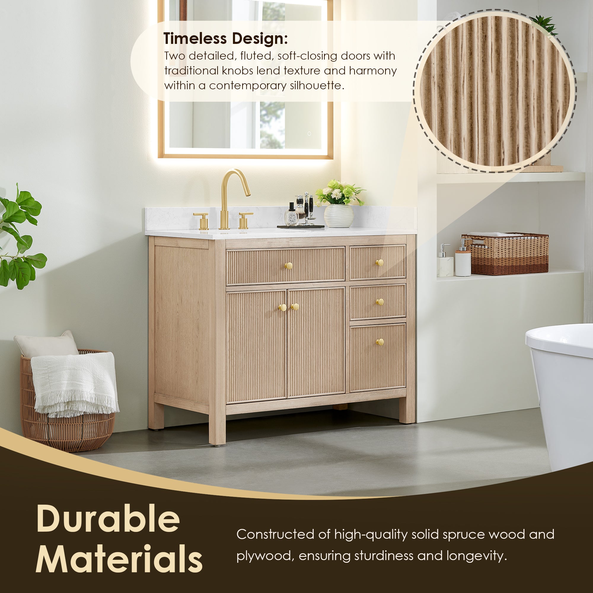 Cerrito 42 Inch Single Bathroom Vanity with White Engineered Stone Countertop - Modern Farmhouse Sink Cabinet for Powder Room & Guest Bathroom Makeover