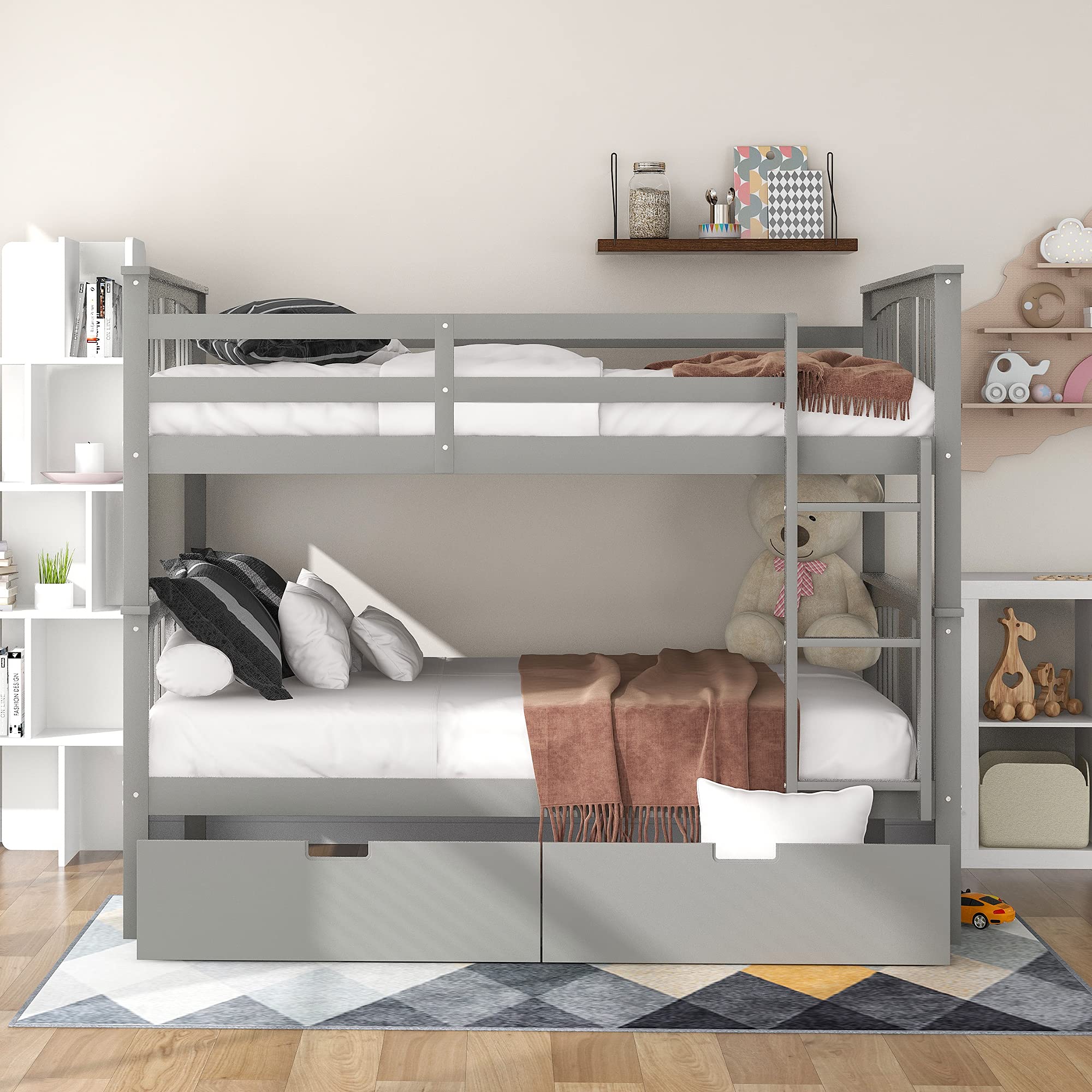 Convertible Full Over Full Bunk Bed with Storage Drawers - Sturdy Wood Bunk Bed Frame with Safety Guardrail & Ladder for Kids, Teens & Adults - Grey Twin Bunk Beds for Small Spaces - Perfect for Kids' Bedrooms, Dorm Rooms & Guest Rooms
