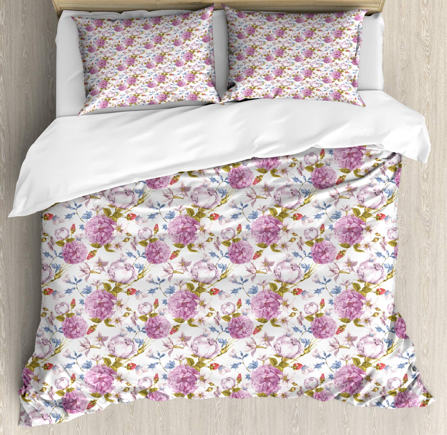 Ambesonne Vintage Floral Duvet Cover Set - King Size 3-Piece Bedding with 2 Pillow Shams | Pastel Blossoming Flowers Pattern, Colorful Nature Design for Master Bedroom & Guest Room Decor