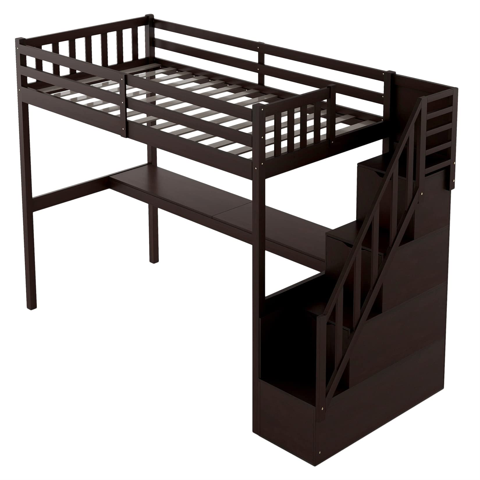**Twin Loft Bed with Desk & Storage - Sturdy Wood Loft Bed Frame with Staircase - Space-Saving Kids Bed for Boys, Girls & Teens - Espresso Finish - Perfect for Small Bedrooms & Dorm Rooms**
