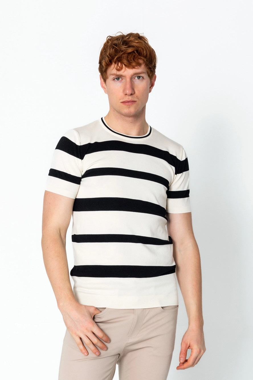 RNT23 Striped Knit T-Shirt for Women - Soft Cotton Crewneck Casual Top in Off White | Perfect for Everyday Wear, Layering & Outfits