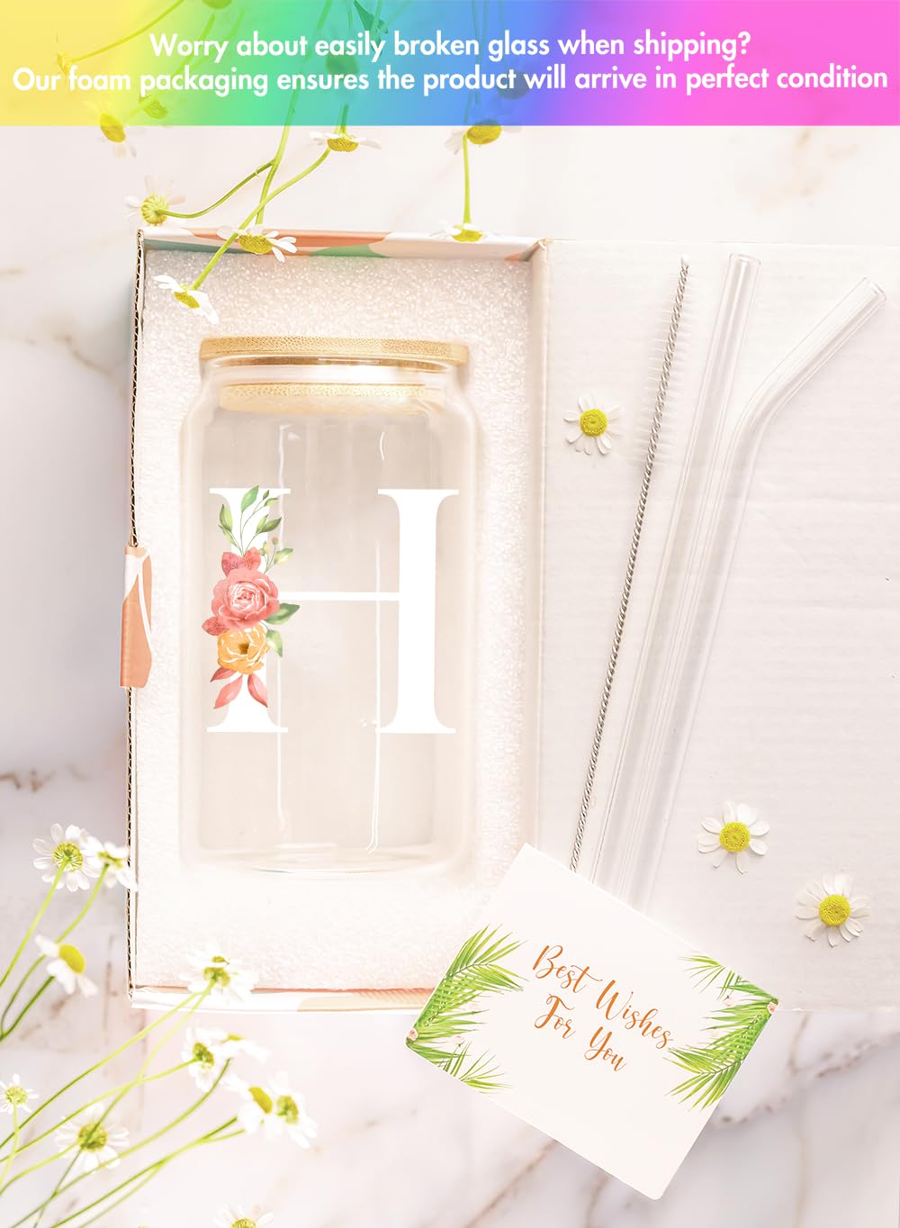 Personalized Monogrammed Glass Coffee Mug for Women - Custom 16 Oz Birthday Gift for Her, Friends, Girls - Unique Galentines Day Present - Perfect for Coffee, Tea & Hot Drinks at Home or Office