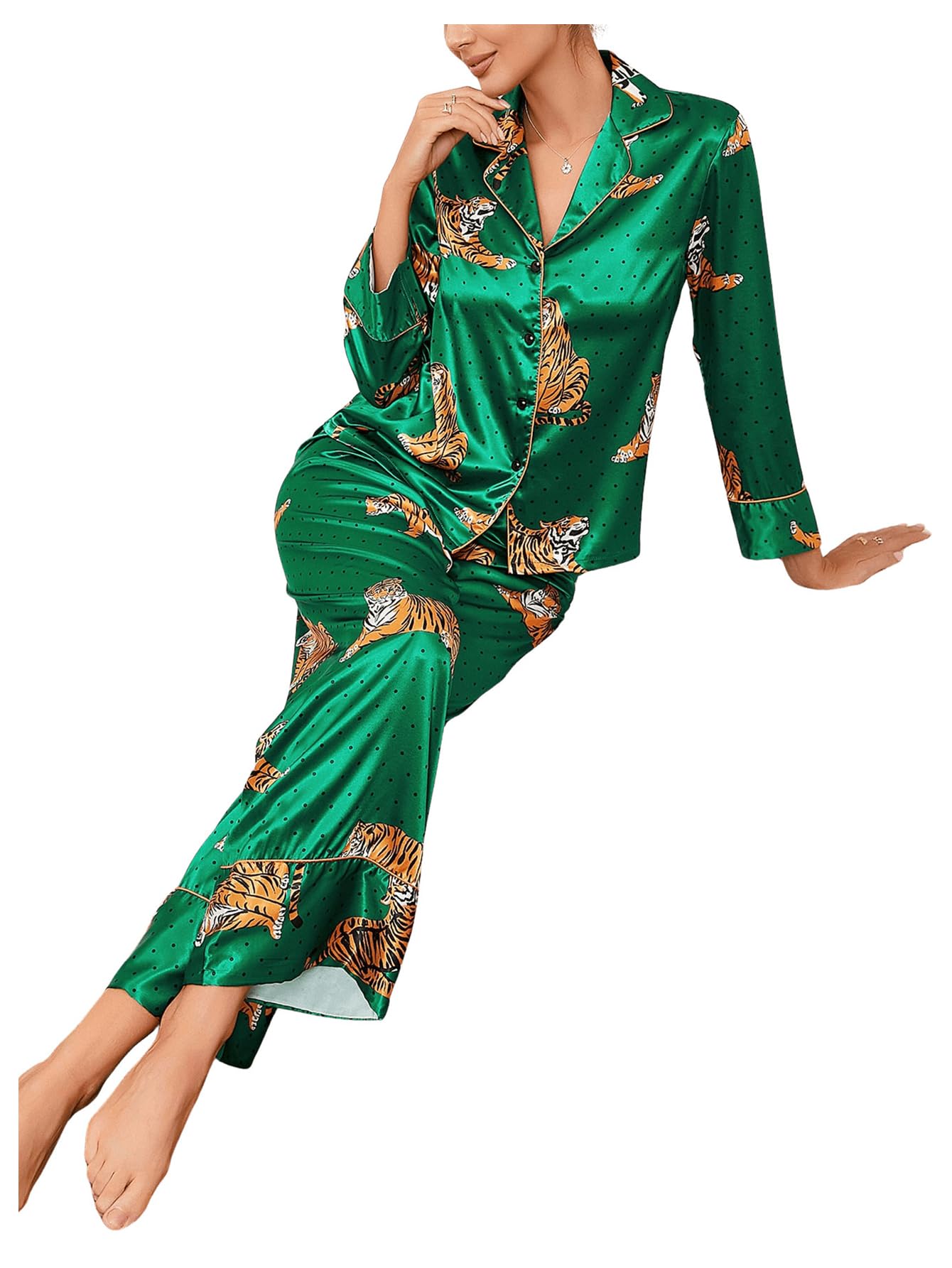 WDIRARA Women's Striped Satin Pajama Set - Short Sleeve Shirt & Pants Sleepwear for Comfortable Nightwear | Perfect for Lounging, Sleepovers and Relaxing at Home