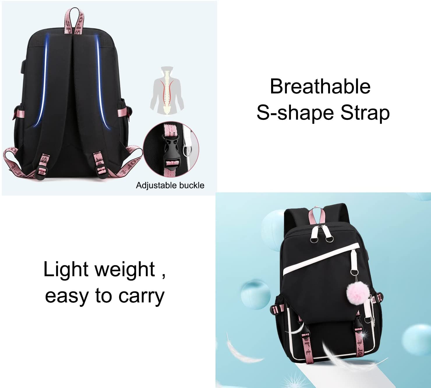 Cute Anime Dog Backpack for Women & Girls - Lightweight Travel Laptop Backpack with USB Charging Port - Perfect for School, College, Work, Travel & Daily Use