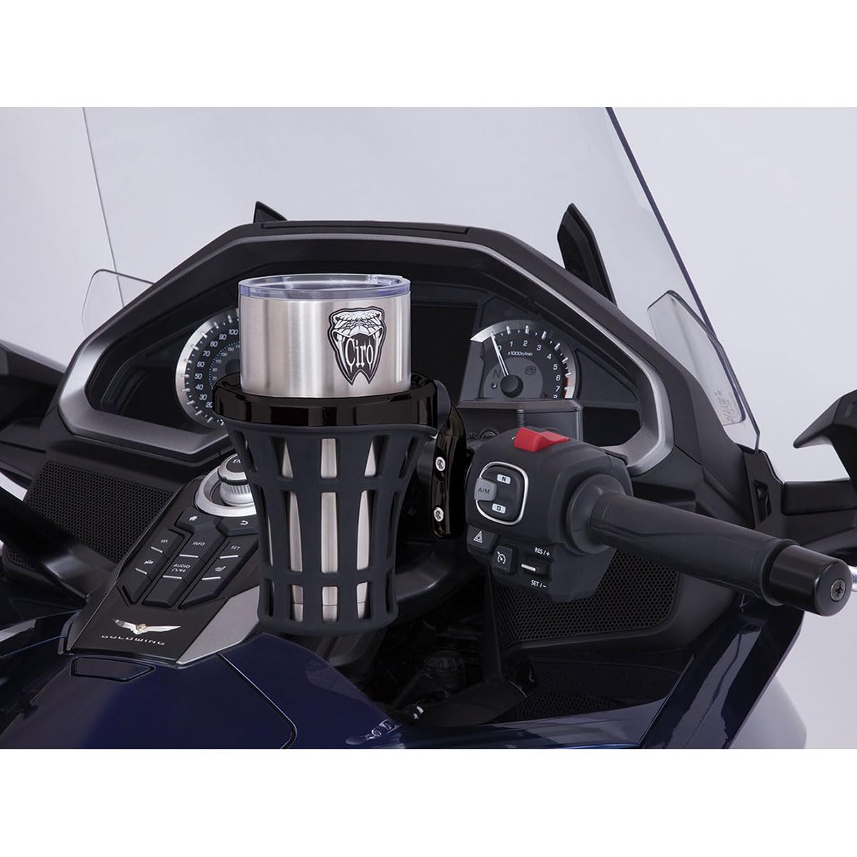 Ciro Goldstrike Big Ass Drink Holder (Black) with Black Perch Mount for Honda Gold Wing - Large Beverage Cup Holder for Motorcycles - Perfect for Road Trips & Long Rides