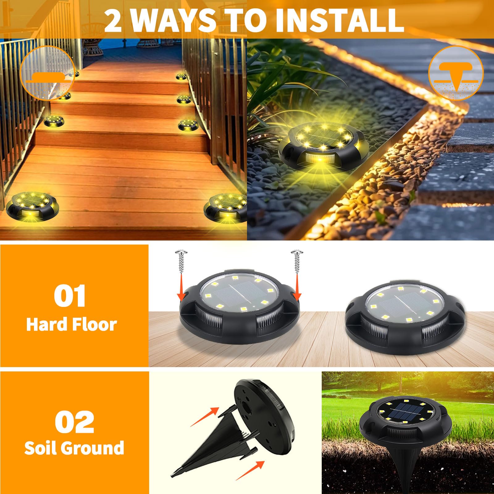 8 Pack 12 LED Solar Ground Lights - Waterproof Outdoor Landscape Lighting for Garden, Pathway, Yard, Lawn, Patio, Deck & Driveway | Warm White Solar Disk Lights | Perfect for Nighttime Safety & Garden Decor