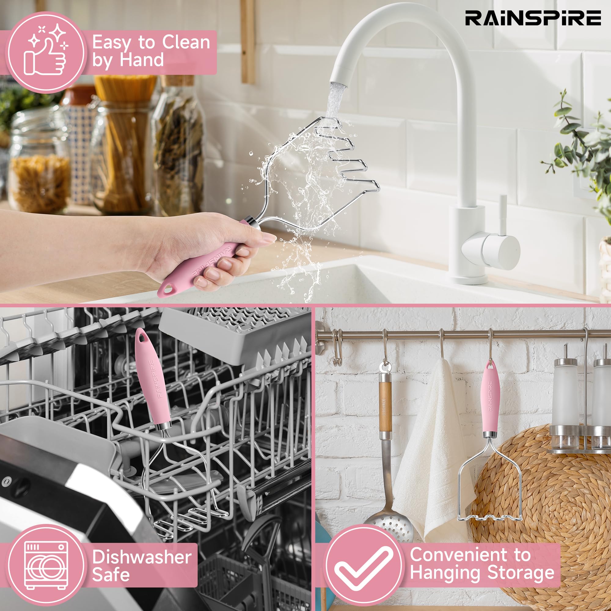 Stainless Steel Potato Masher - Durable Kitchen Tool for Smooth Mashed Potatoes with Soft Non-Slip Handle (Pink) - Perfect for Home Cooking, Thanksgiving Dinner & Meal Prep
