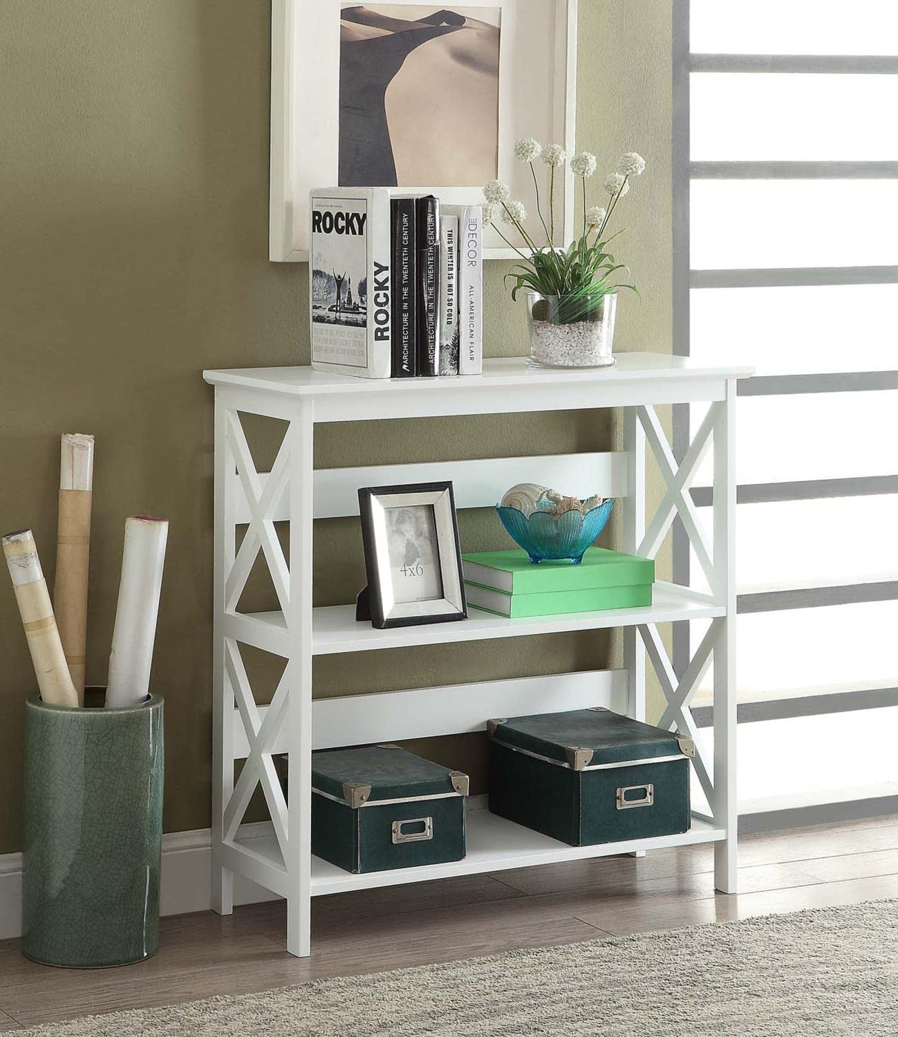 Oxford 3-Tier Bookcase in White - Modern Storage Shelf for Living Room, Bedroom & Office - Convenience Concepts Space-Saving Organizer