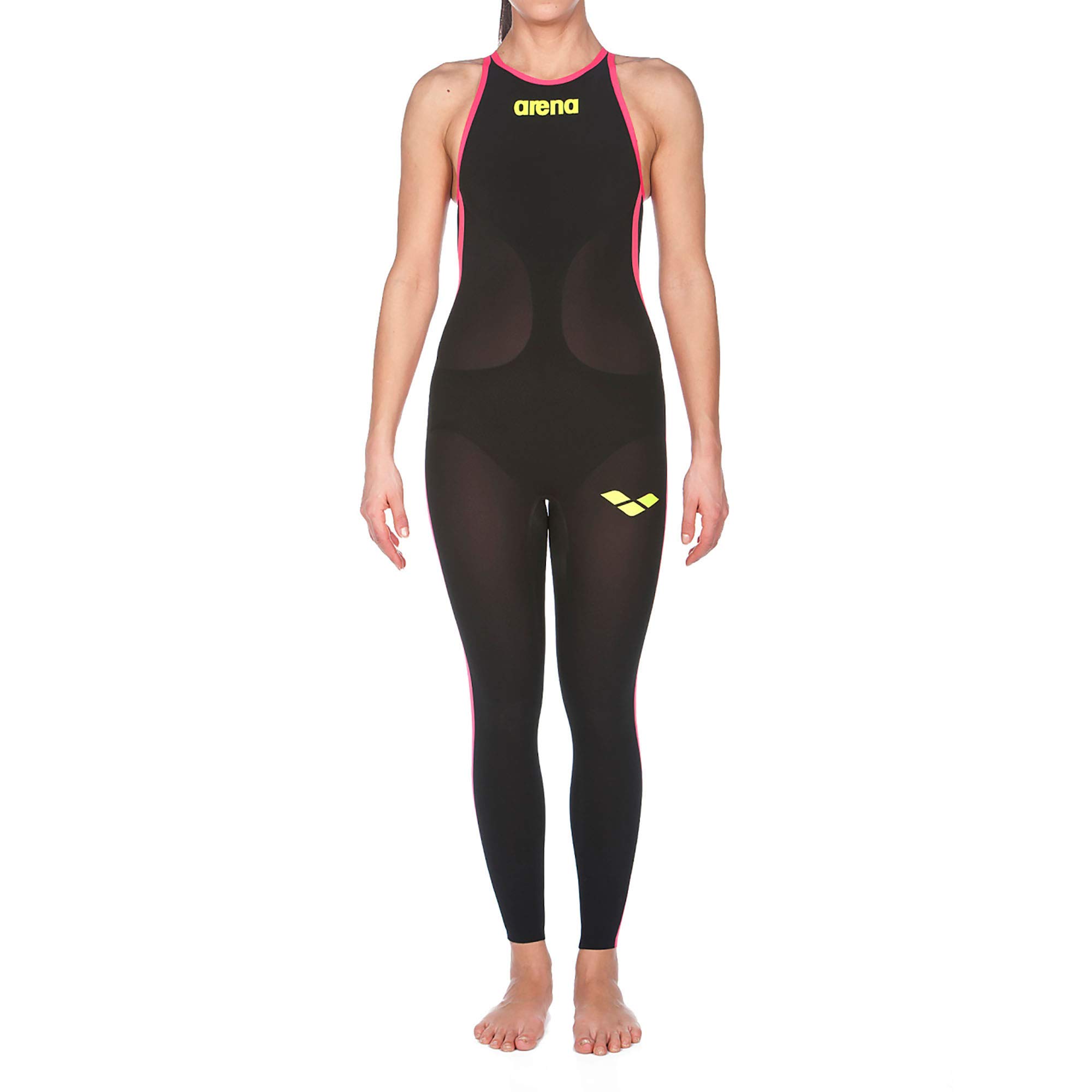 ARENA Powerskin R-EVO+ Women's Open Water Racing Swimsuit - High Performance Triathlon Full Body Swimwear with Closed Back Design in Black-Fluo Yellow | Ideal for Competitive Swimming, Triathlons & Open Water Training
