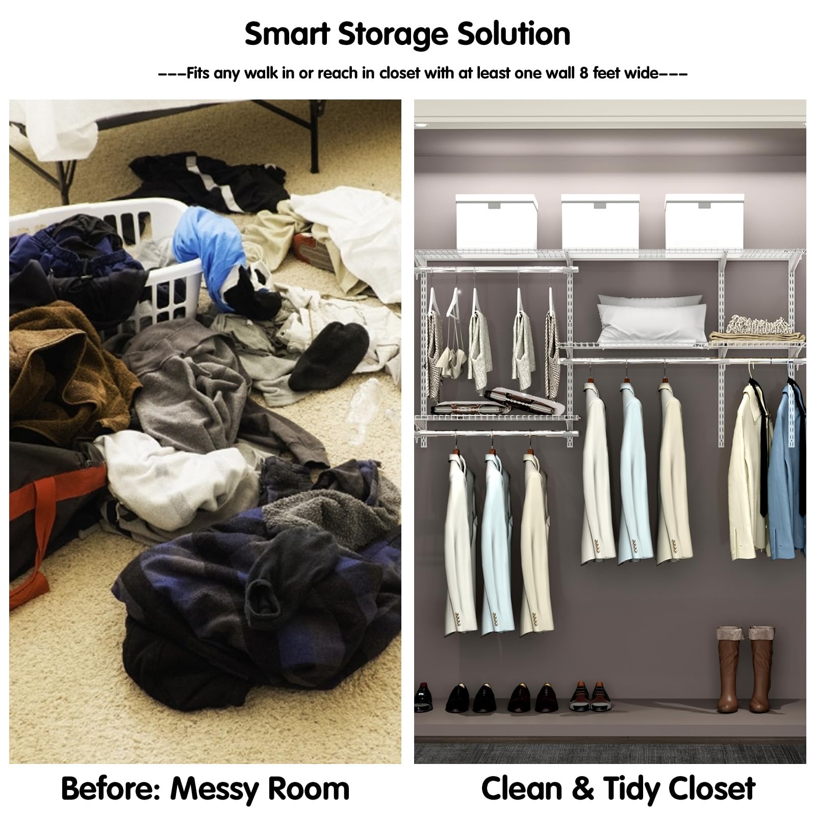 Tangkula 3-5 FT Adjustable Wall-Mounted Closet Organizer System Kit with Wire Shelves & Hanging Rods - Customizable Storage Solution for Bedroom, Walk-In Closet & Small Space Organization