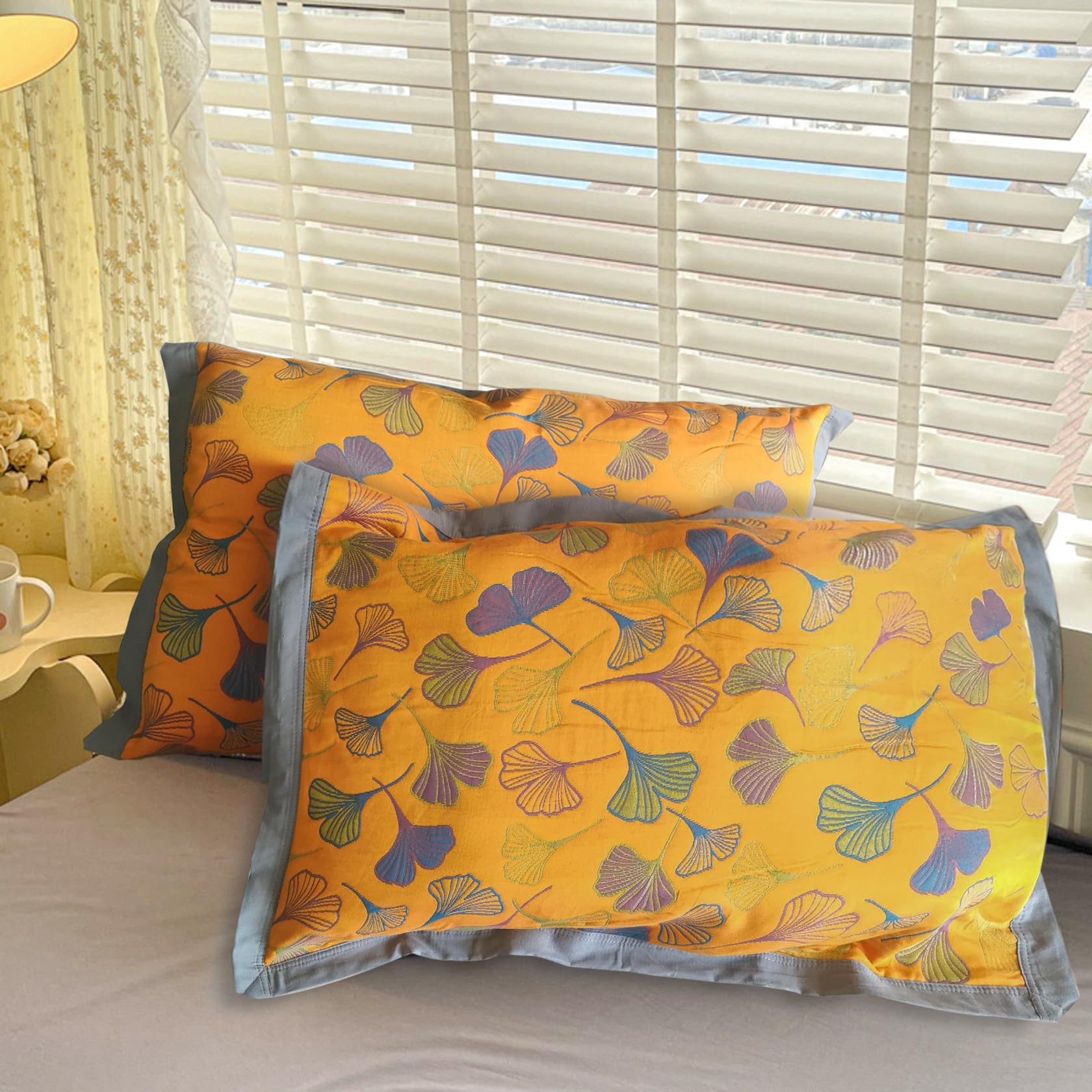 Premium Cotton Embroidered Ginkgo Quilted Pillow Shams Set of 2 - Orange Queen Size 20