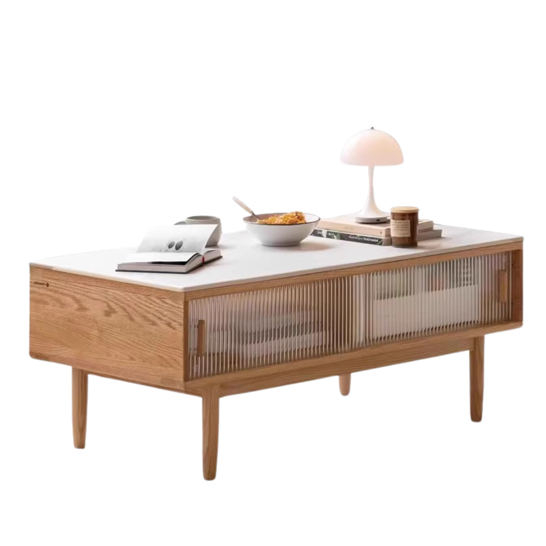Solid Oak and Beech Wood Coffee Table with Glass Doors - Modern Living Room Furniture for Home Decor and Entertainment