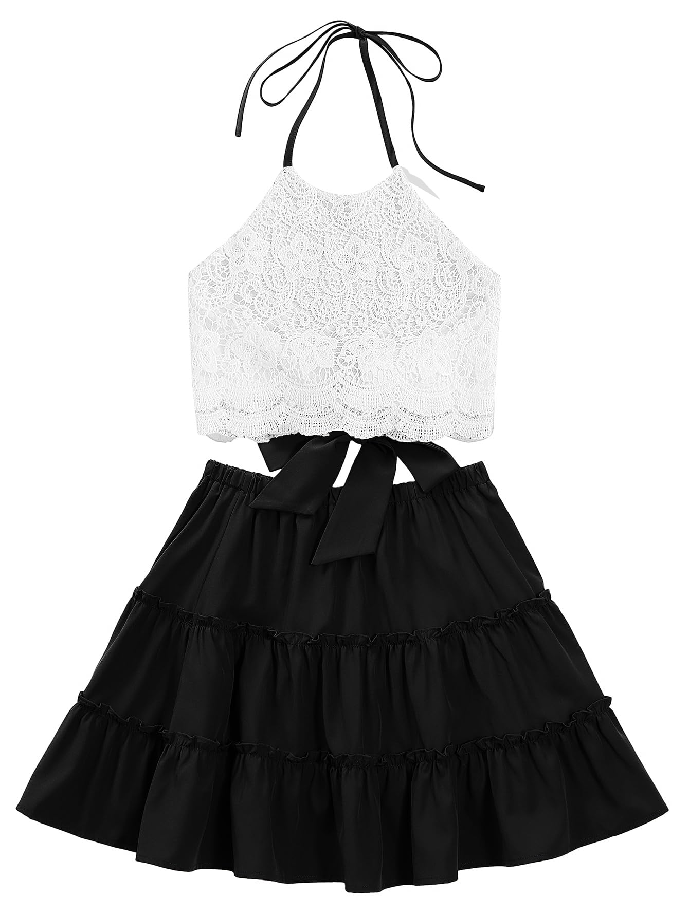 LYANER Women's 2 Piece Outfits Summer Lace Halter Cami Crop Top with Floral Mini Skirt Set - Sexy Floral Print Outfit for Beach Vacation, Date Night & Summer Party