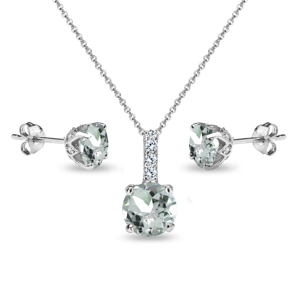 B. BRILLIANT Sterling Silver Round Crown Necklace & Stud Earrings Set with Genuine/Simulated Gemstones & White Topaz - Elegant Jewelry Gift for Women, Perfect for Weddings, Anniversaries and Special Occasions