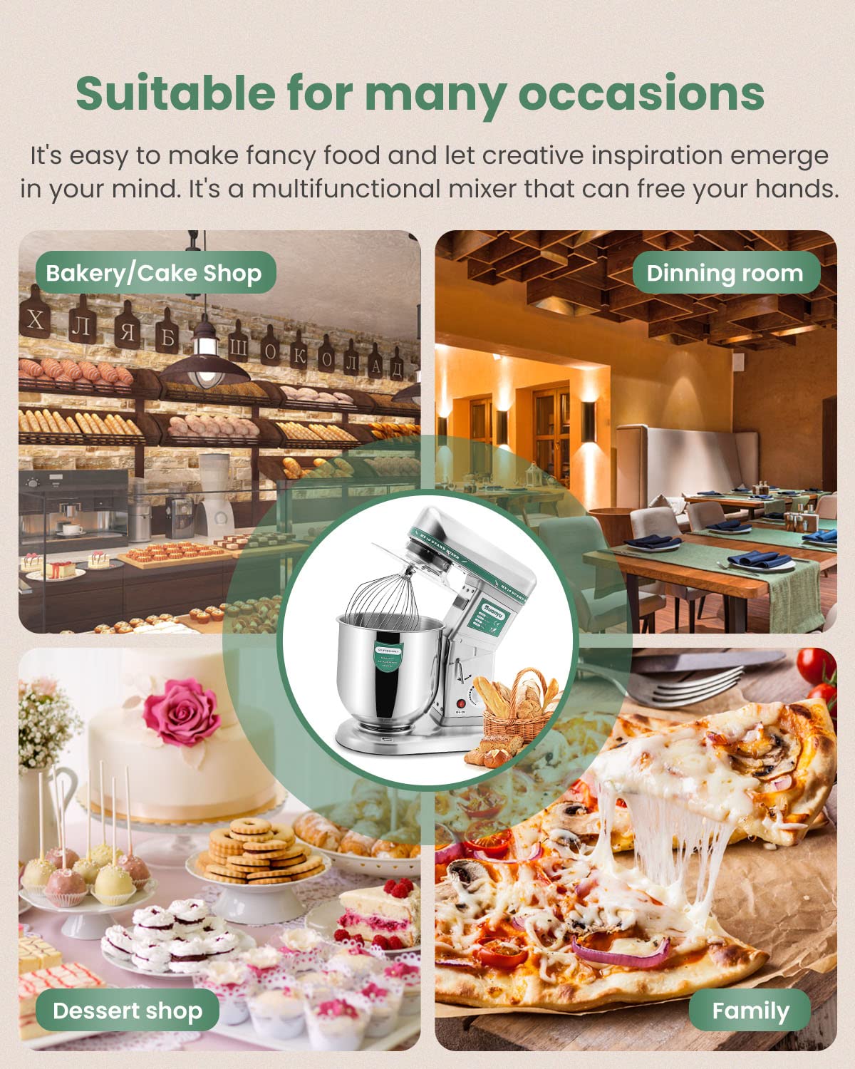 Huanyu 10QT 500W Commercial Stand Mixer - Heavy Duty Electric Dough Blender with Stainless Steel Bowl, Dough Hook, Flat Beater & Whisk - 3-in-1 Multifunctional Food Mixing Machine for Baking, Cooking & Pastry Making (110V) - Perfect for Bakeries, Restaurants & Home Kitchens