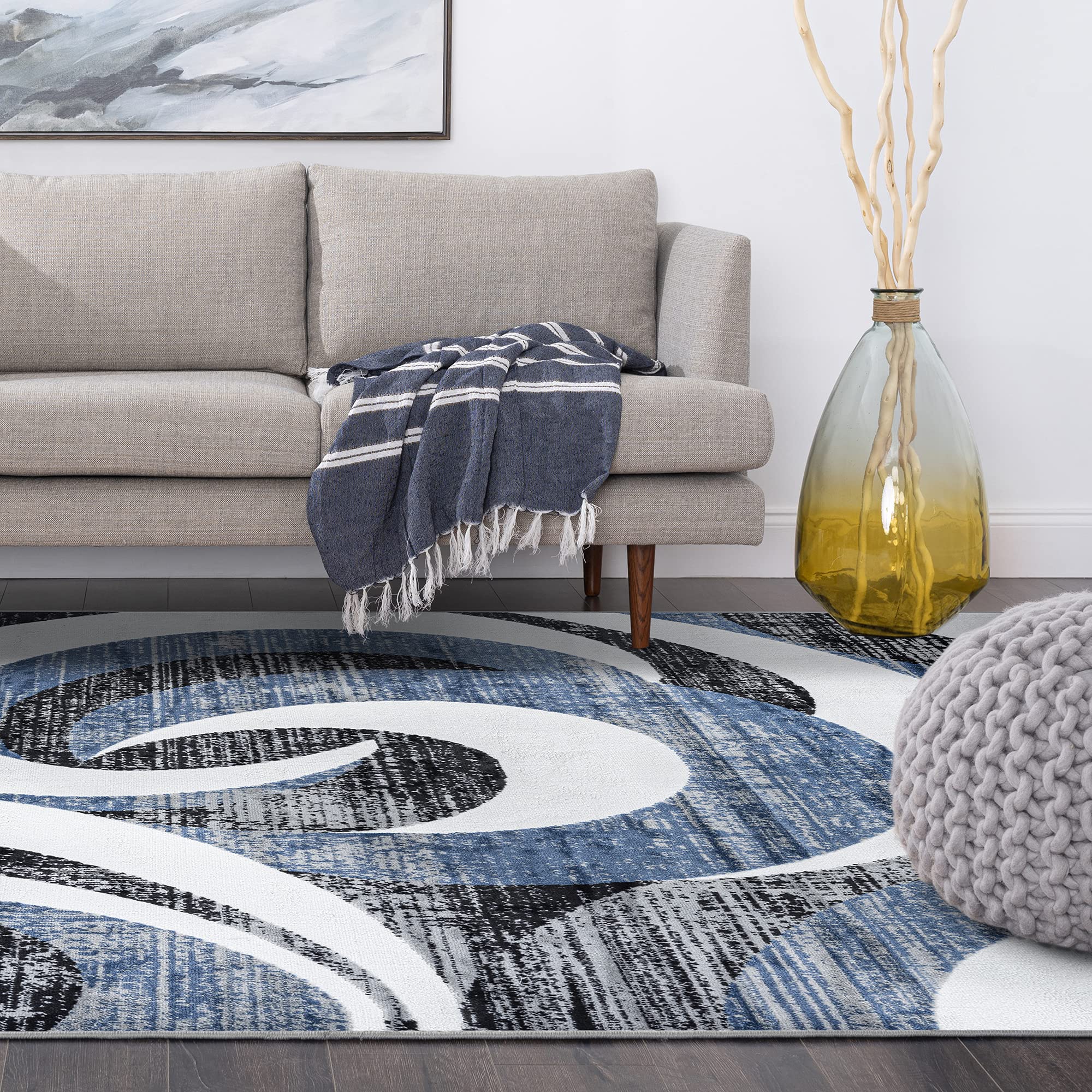 Tayse Blue Modern 5x7 Area Rug - Soft Indoor Rug for Living Room, Bedroom, Dining Room & Kitchen - Non-Slip Entryway Carpet - Contemporary Home Decor - Perfect for Cozy Spaces & High-Traffic Areas