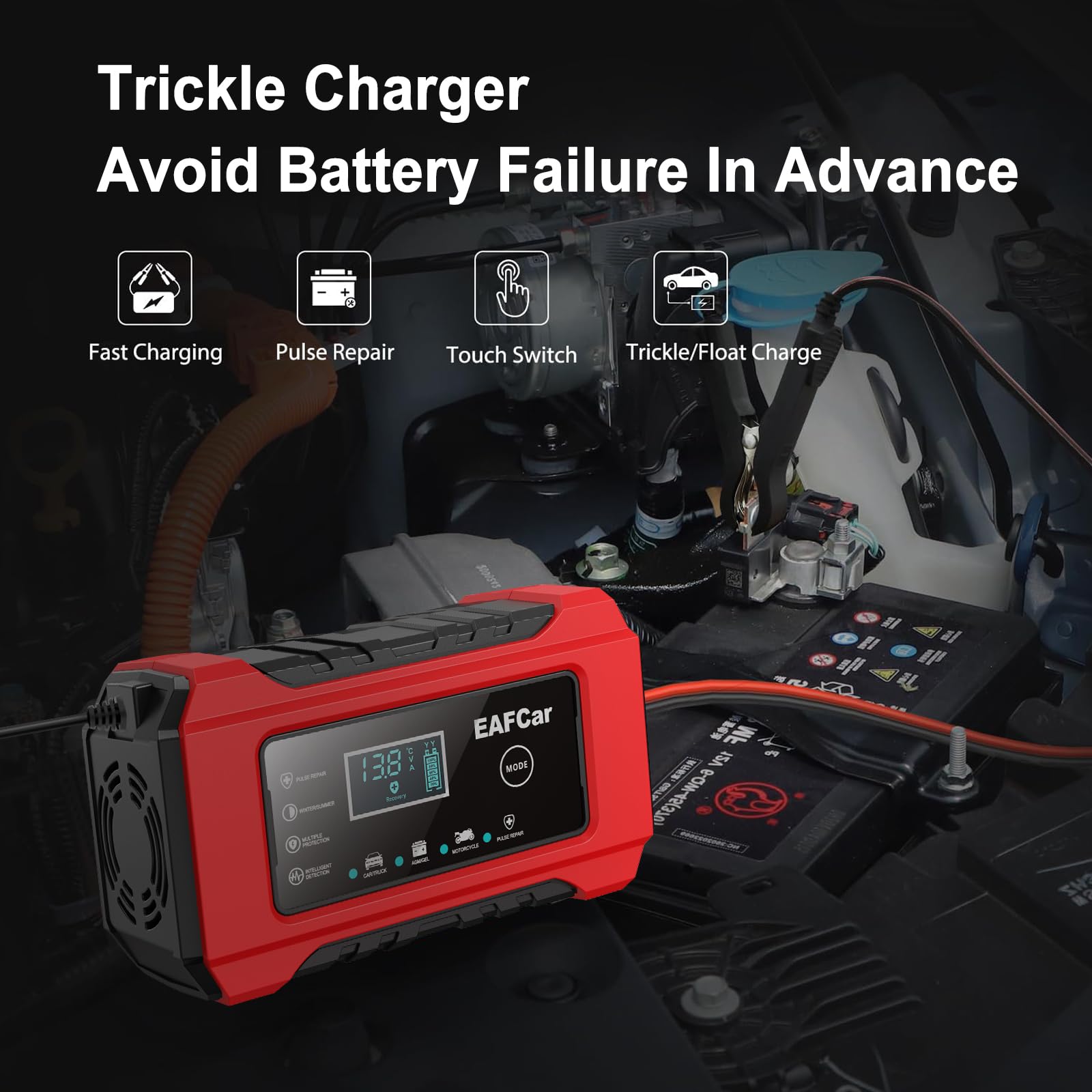 12V 6A Smart Automatic Car Battery Charger & Maintainer with Temperature Compensation - Lead Acid Battery Trickle Charger for Cars, Trucks, SUVs, Motorcycles & Marine Vehicles - Ideal for Winter Storage & Long-Term Maintenance