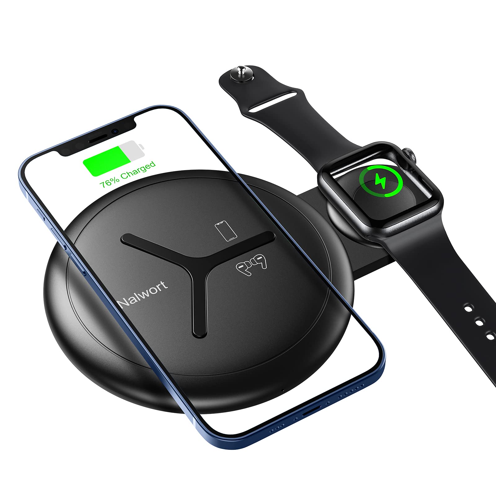 Nalwort 2-in-1 Wireless Charger Stand for iPhone 15/14/13/12/11, Apple Watch 6/SE/5/4/3/2/1 & AirPods - Qi Fast Charging Station (No Adapter Included) | Perfect for Bedside, Office & Travel Charging