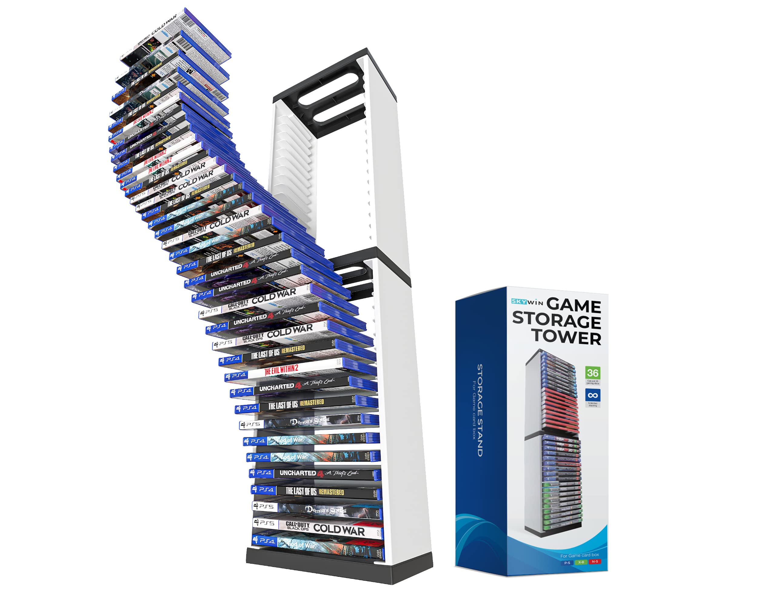 Skywin 2-Pack White Game Storage Organizer & CD Holder Tower - Compatible with PS5, Xbox, Nintendo Switch Games - Perfect for Gaming Room Organization & Media Shelf Display