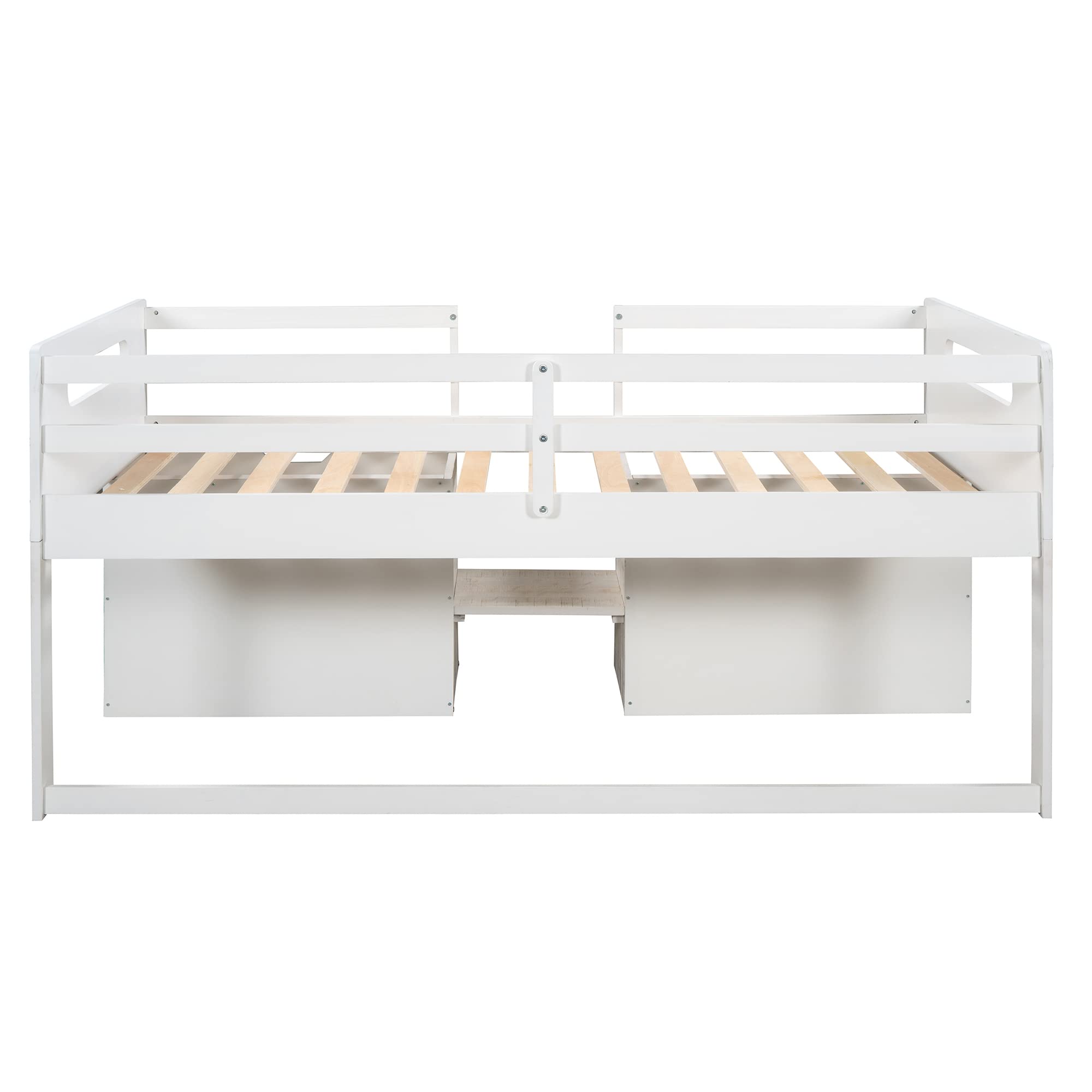 P PURLOVE Twin Loft Bed with 2 Shelves & 2 Drawers - Low Loft Bed Frame for Kids/Teens - No Box Spring Needed - Antique White - Perfect for Small Rooms & Dorm Spaces