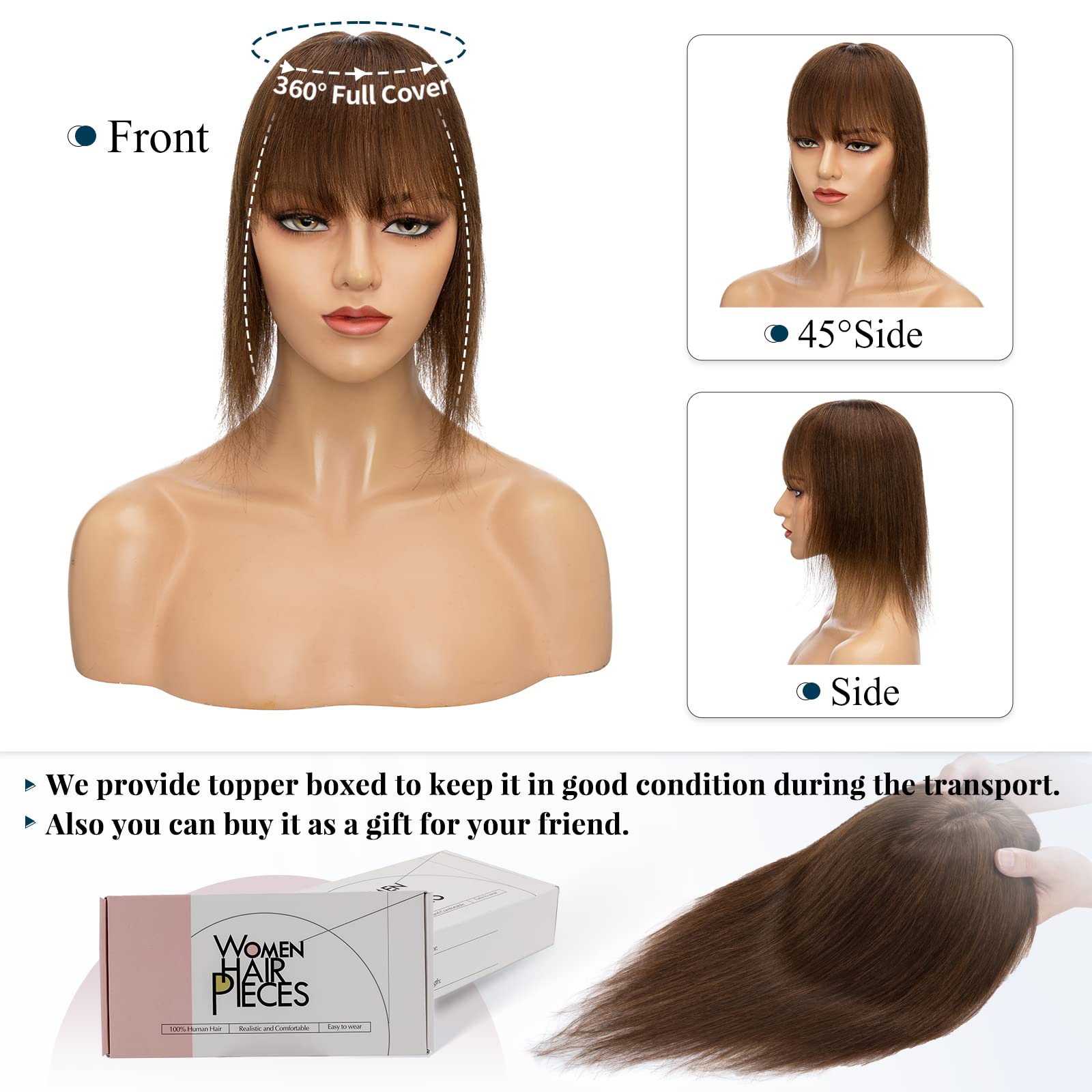 Benehair Clip-in Topper Hair Extension – 12 Inch Human Hair with Thin Bangs, Handmade Silk Base, Straight & Soft for Women with Hair Loss (Medium Brown #4) – Perfect for Daily Wear, Parties & Special Occasions