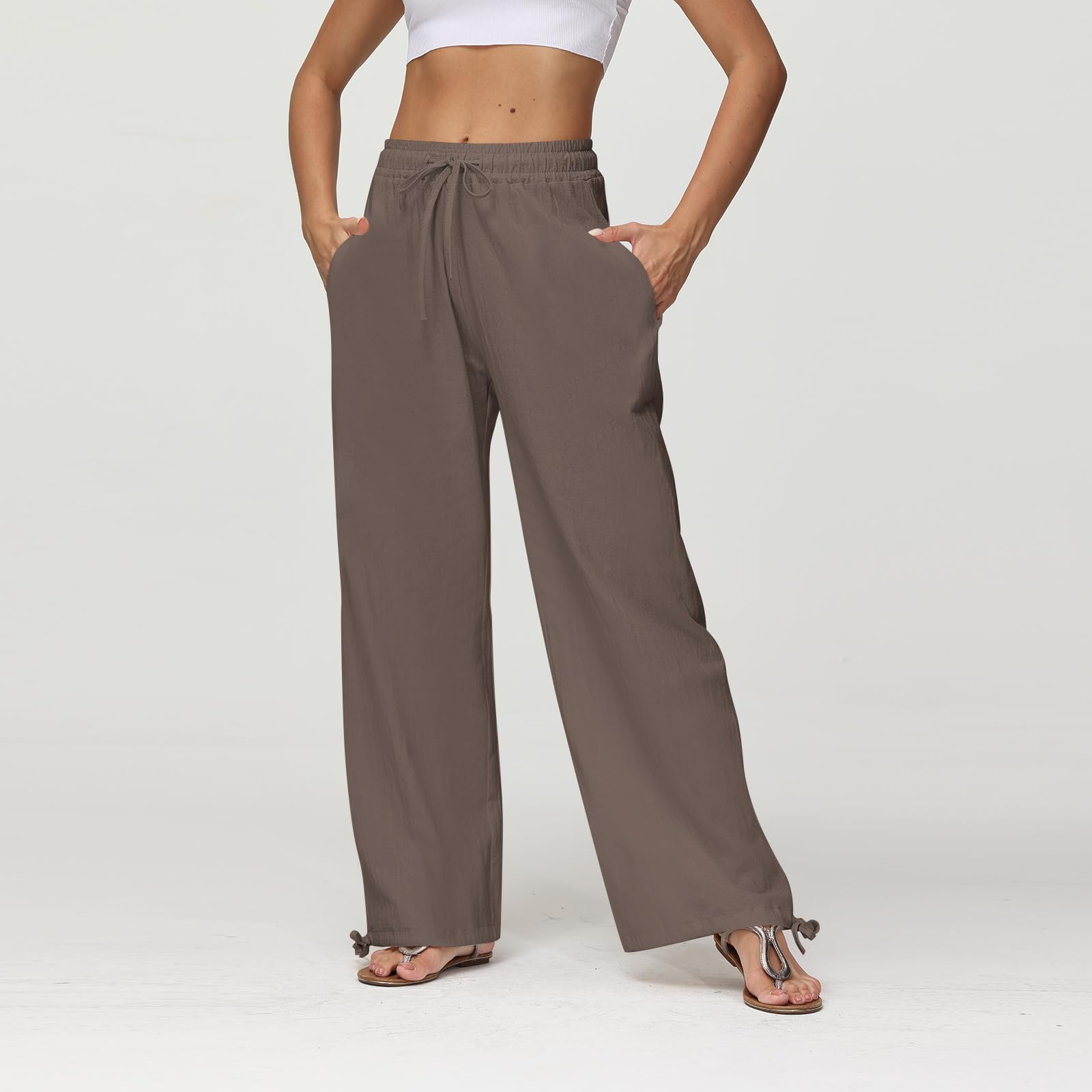 Women's Cotton Linen Palazzo Pants - Summer Loose Drawstring Waist Wide Leg Casual Trousers with Pockets | Perfect for Beach, Yoga & Boho Outfits