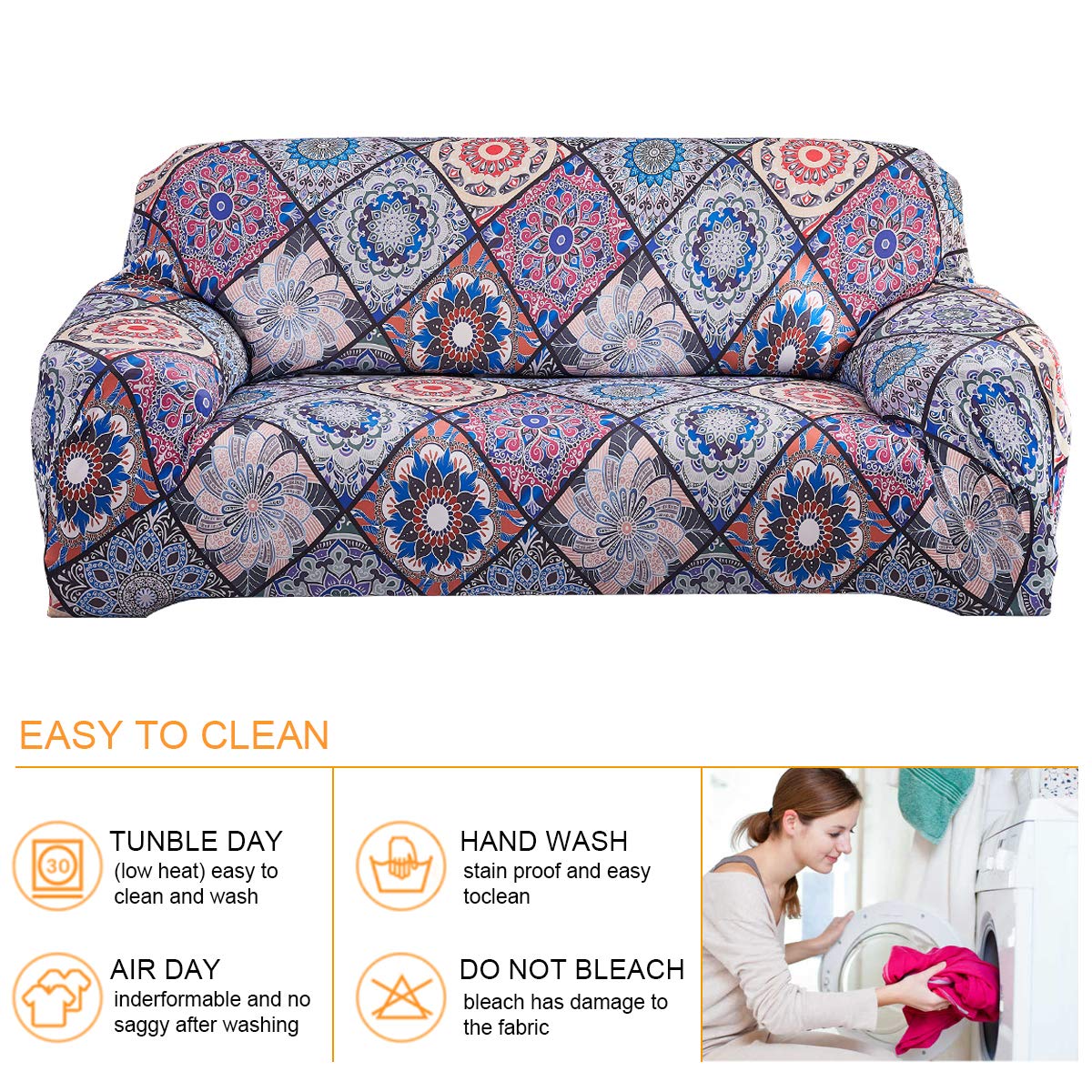 ELEOPTION Stretch L-Shaped Sofa Cover - 2-Piece Sectional Couch Slipcover, Printed Fabric Protector for Pets & Kids - Blue, Fits 3-Seater (Perfect for Living Room, Family Gatherings & Pet-Friendly Homes)