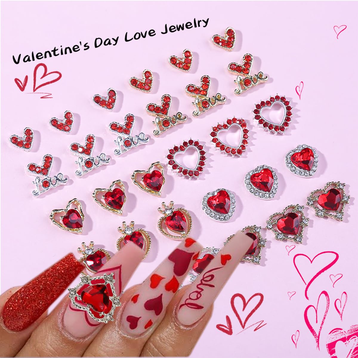 22Pcs Valentine's Day Nail Charms - Gold & Silver Heart Shaped Nail Art Gems, Rhinestones for Acrylic Nails - Perfect for Valentine's Day, Bridal, Party & Special Occasion Nail Decorations
