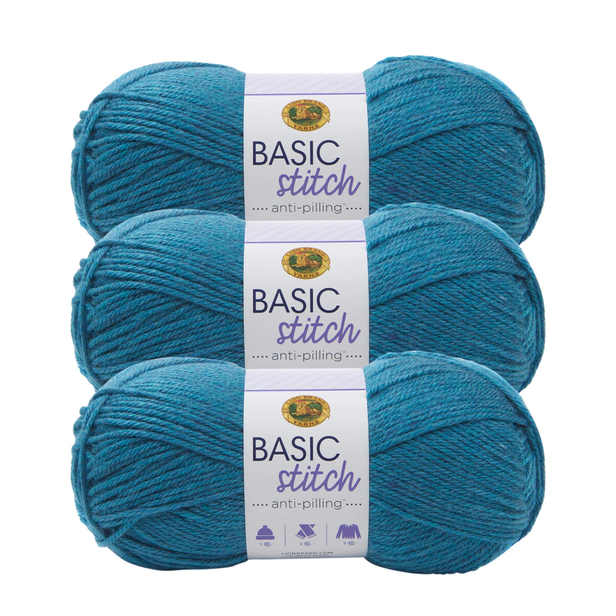 Lion Brand Yarn Basic Stitch Anti-Pilling Knitting & Crochet Yarn - 3 Pack, Turquoise Heather - Soft Yarn for Scarves, Blankets & DIY Crafts